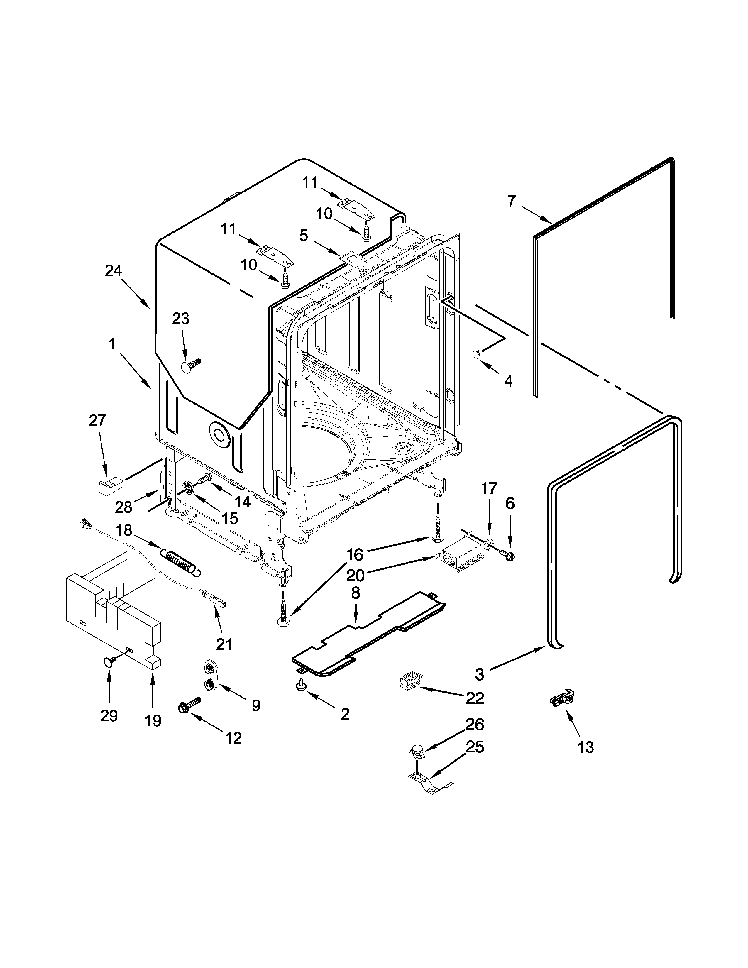 KitchenAid KDTE104DSS1 tub and frame parts diagram