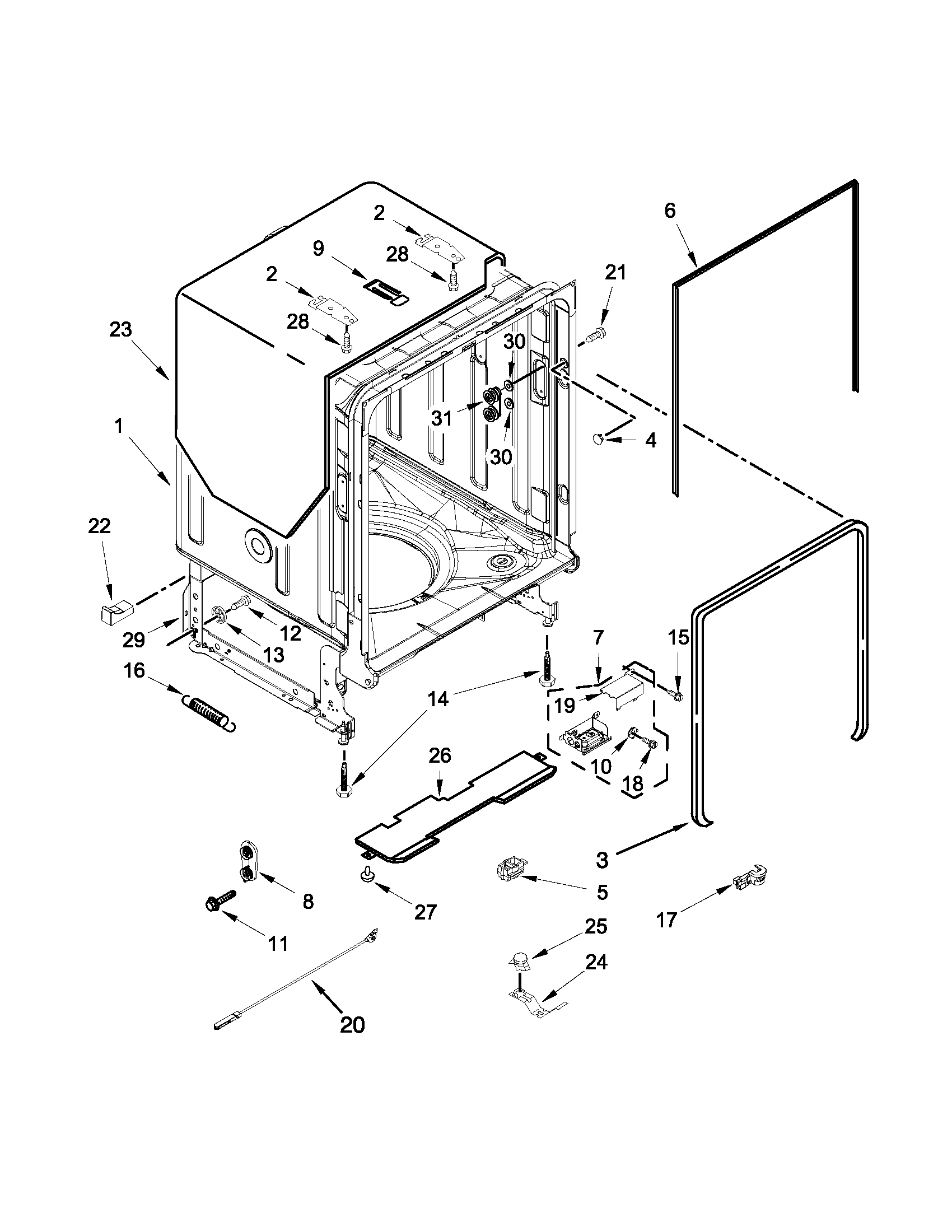 Maytag MDB4949SDM1 tub and frame parts diagram