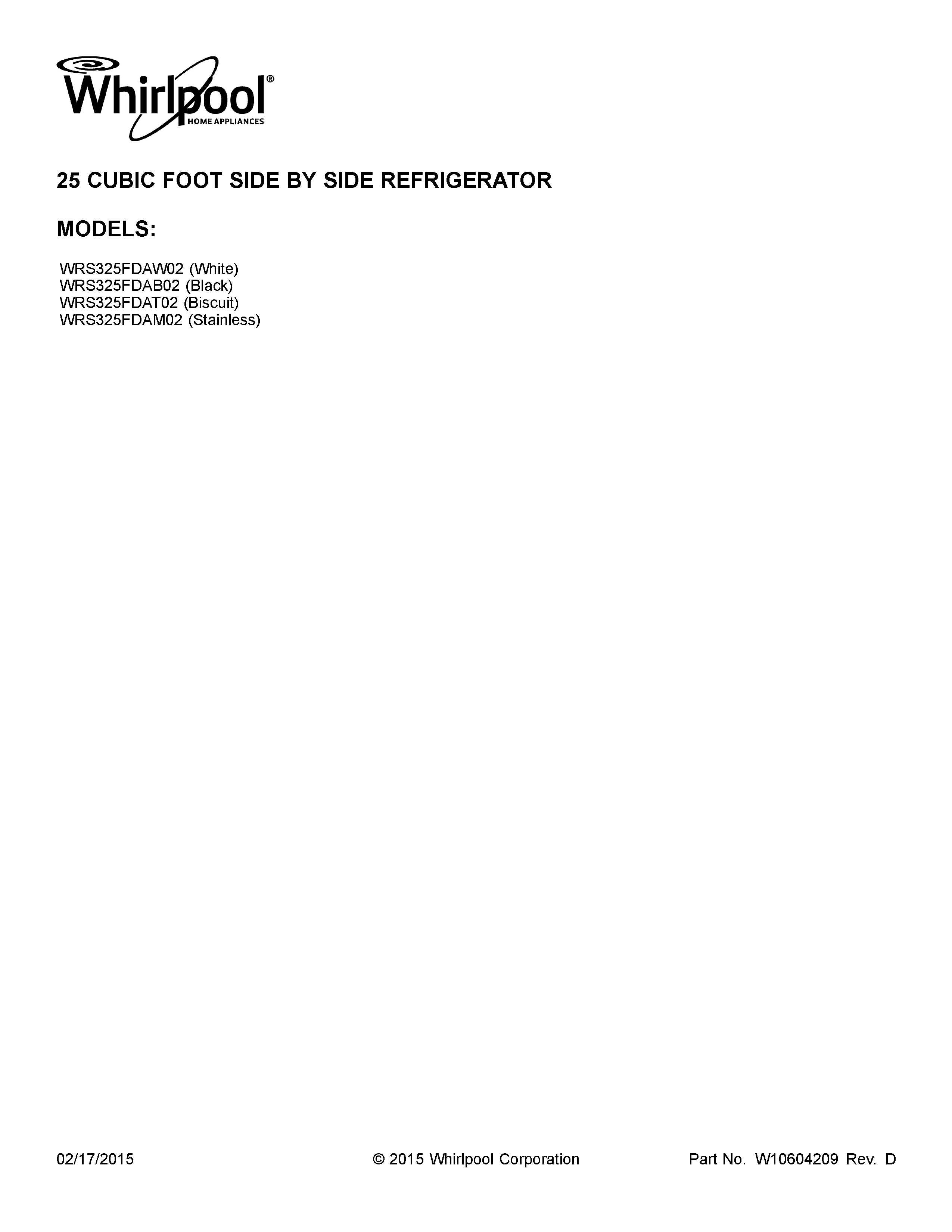 Whirlpool WRS325FDAW02 cover sheet diagram