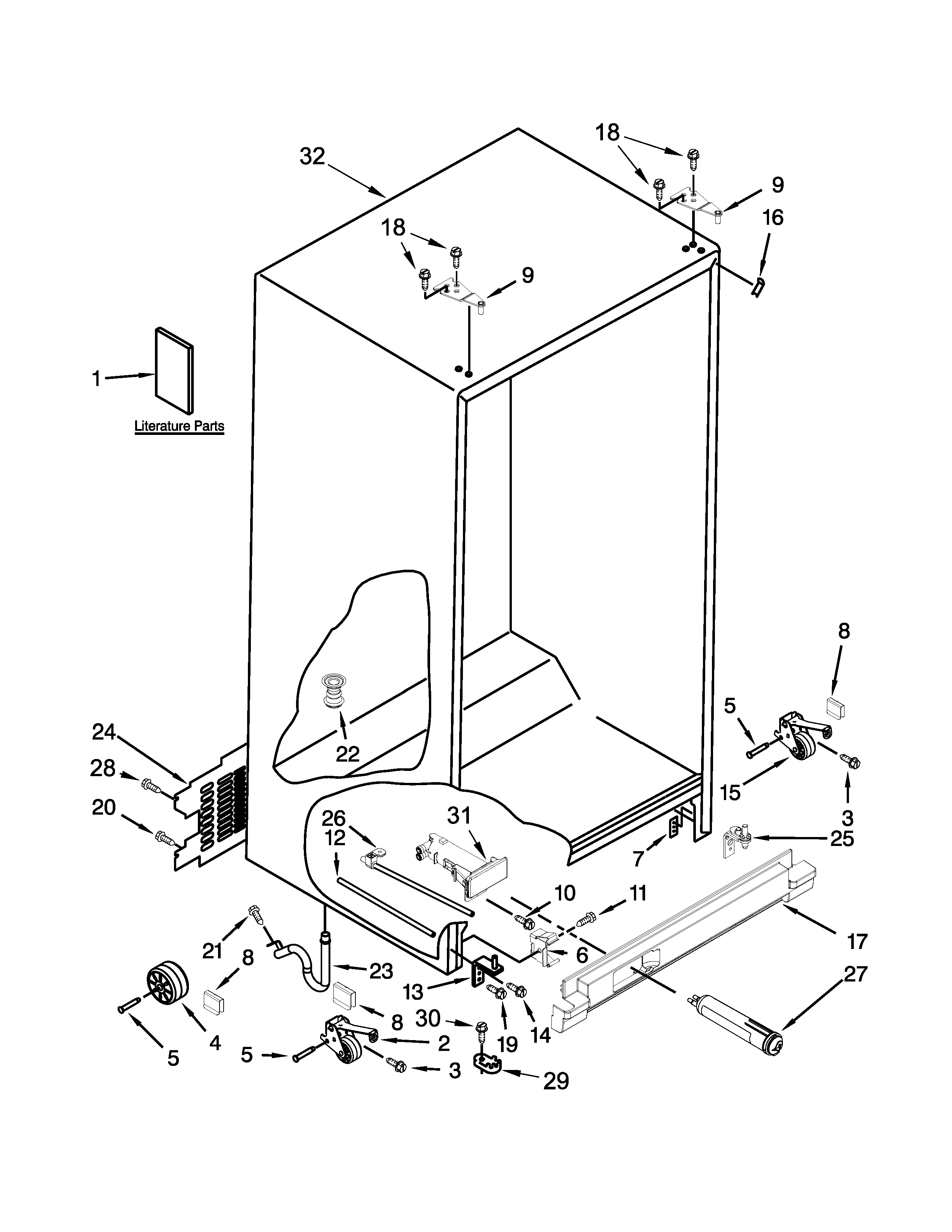 Whirlpool 5WRS25FDBF00 cabinet parts diagram