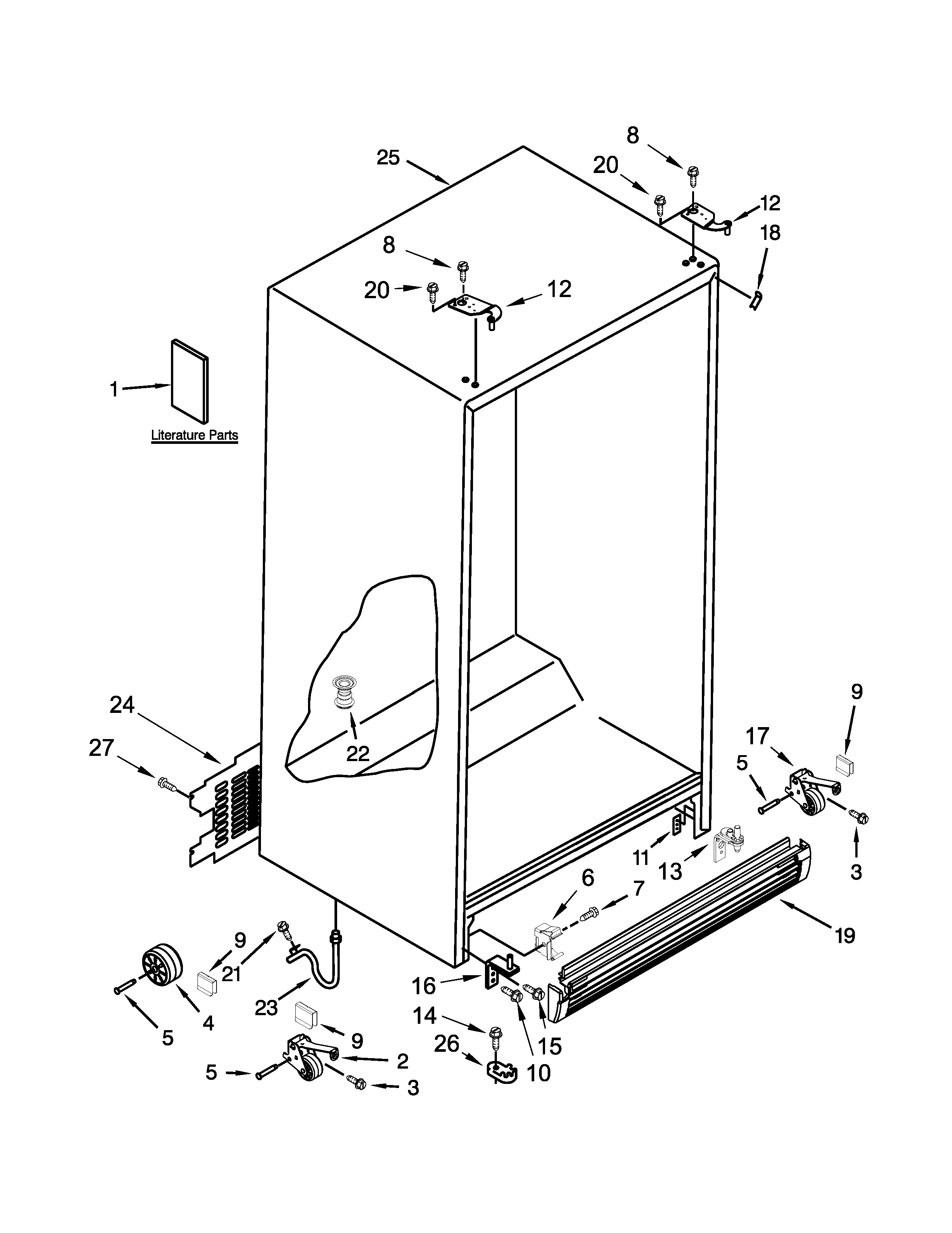 Whirlpool 5WRS25KNBW02 cabinet parts diagram