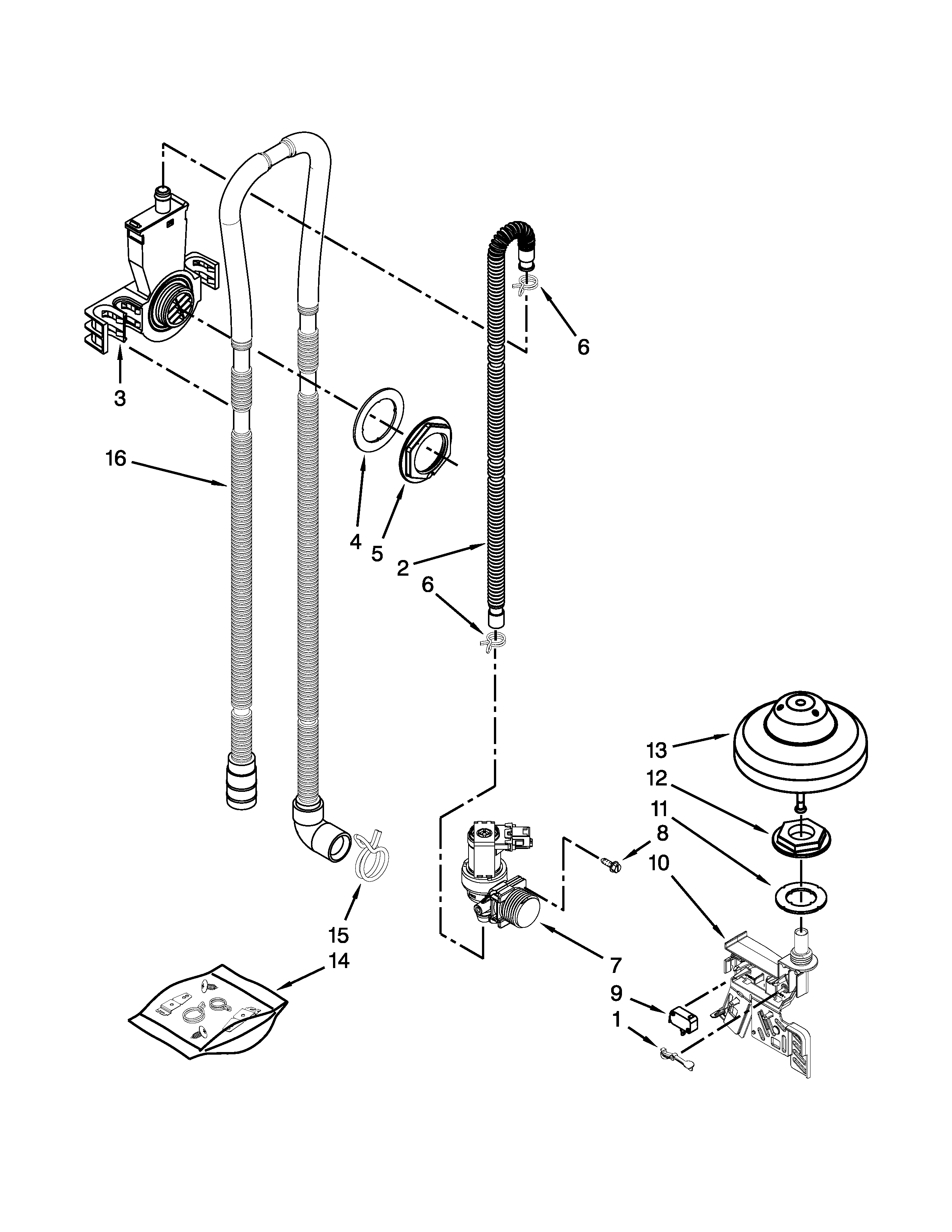 KitchenAid KDFE304DWH1 fill, drain and overfill parts diagram