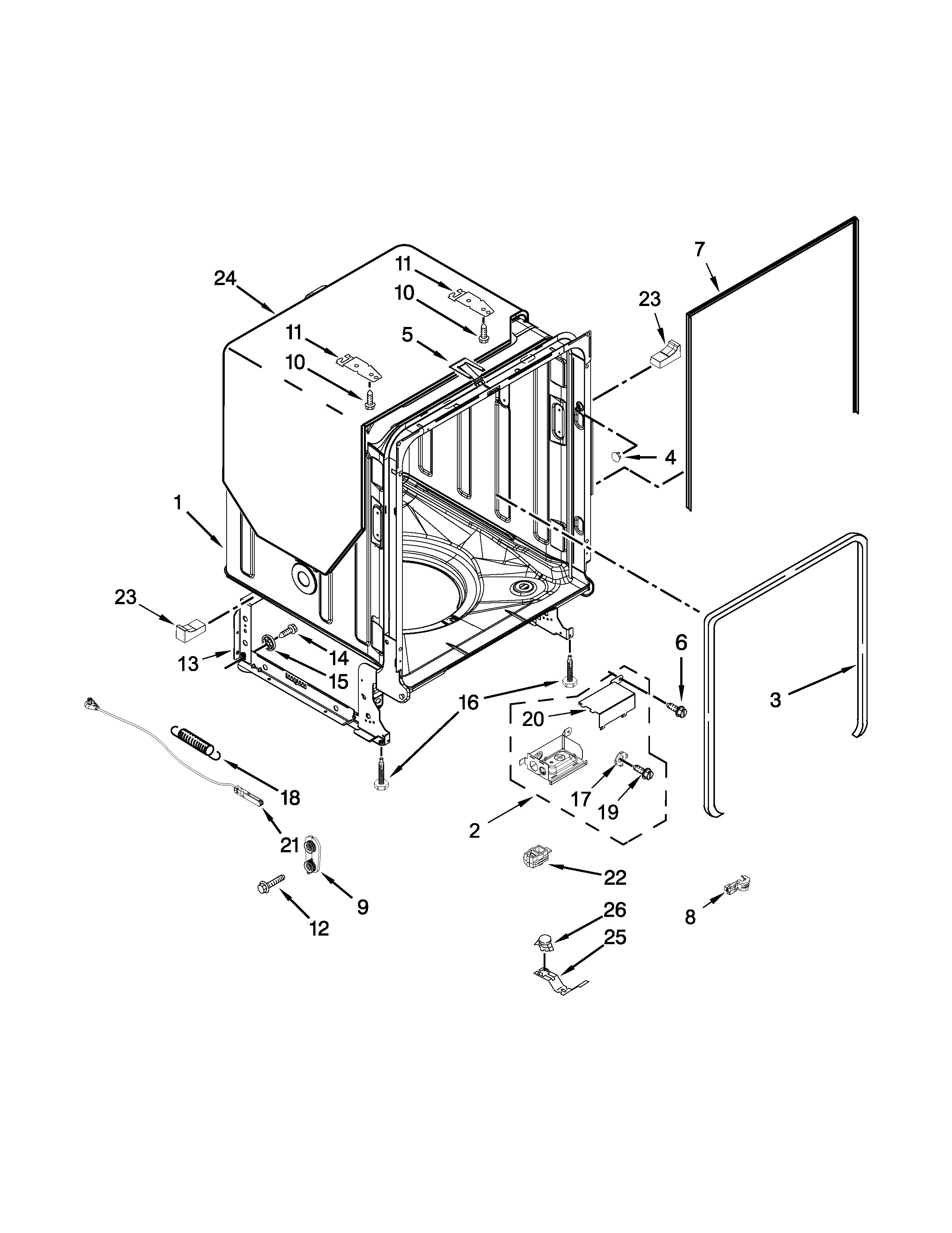 KitchenAid KDFE304DWH1 tub and frame parts diagram