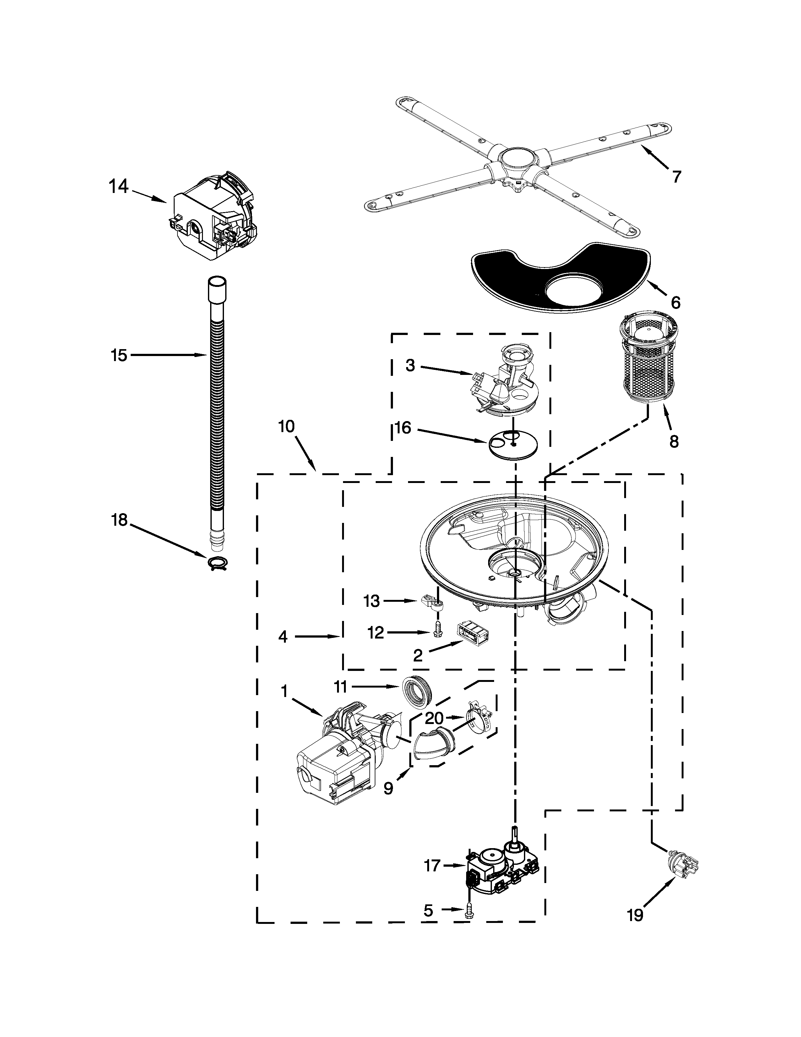 KitchenAid KDFE304DWH1 pump, washarm and motor parts diagram