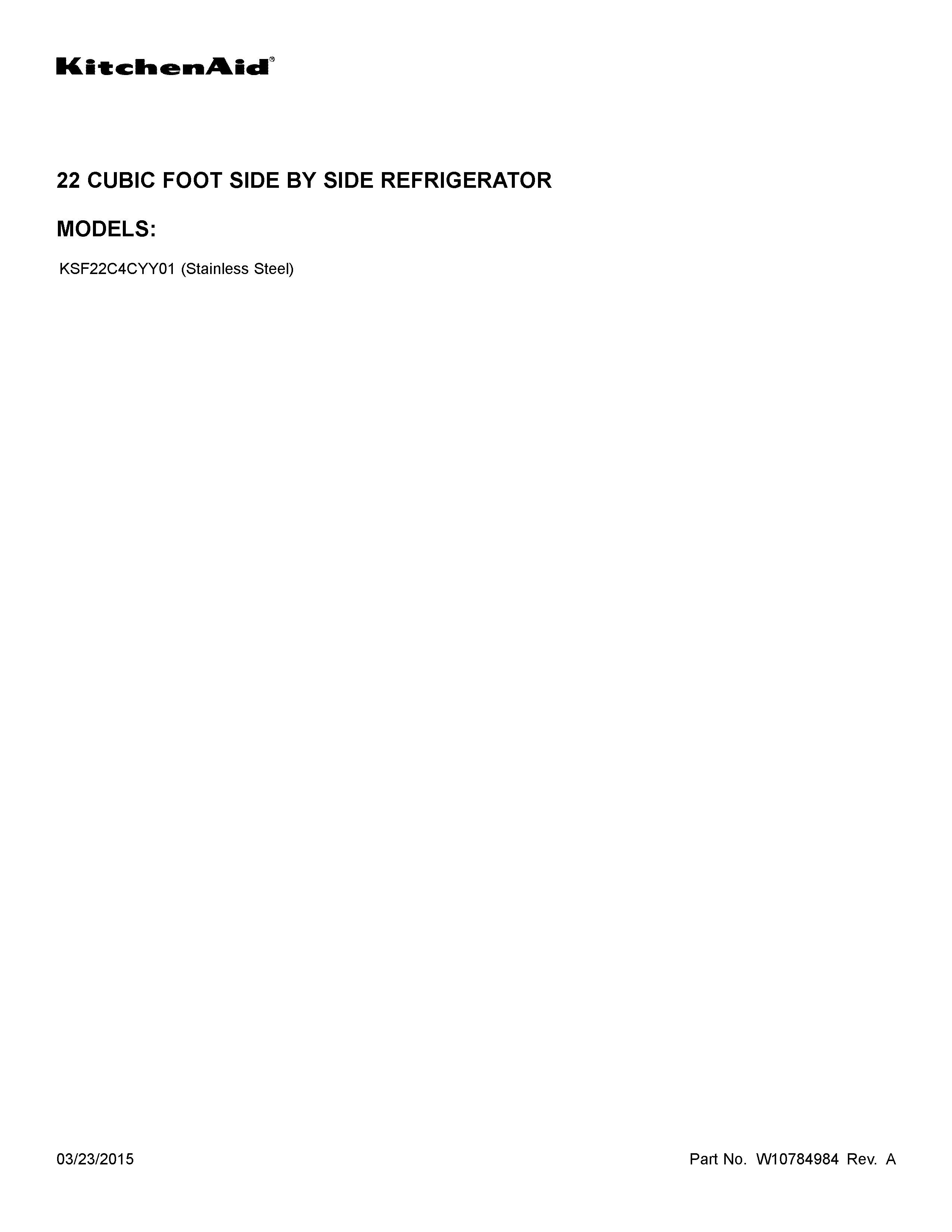 KitchenAid KSF22C4CYY01 cover sheet diagram