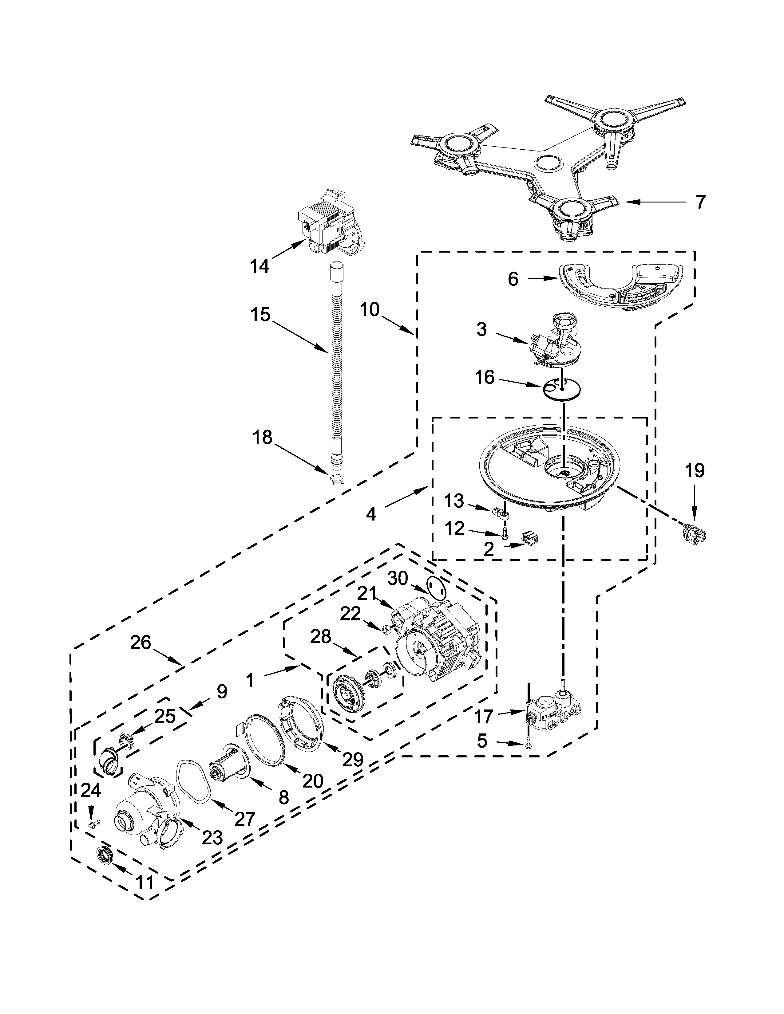 KitchenAid KDTM504EPA0 pump, washarm and motor parts diagram