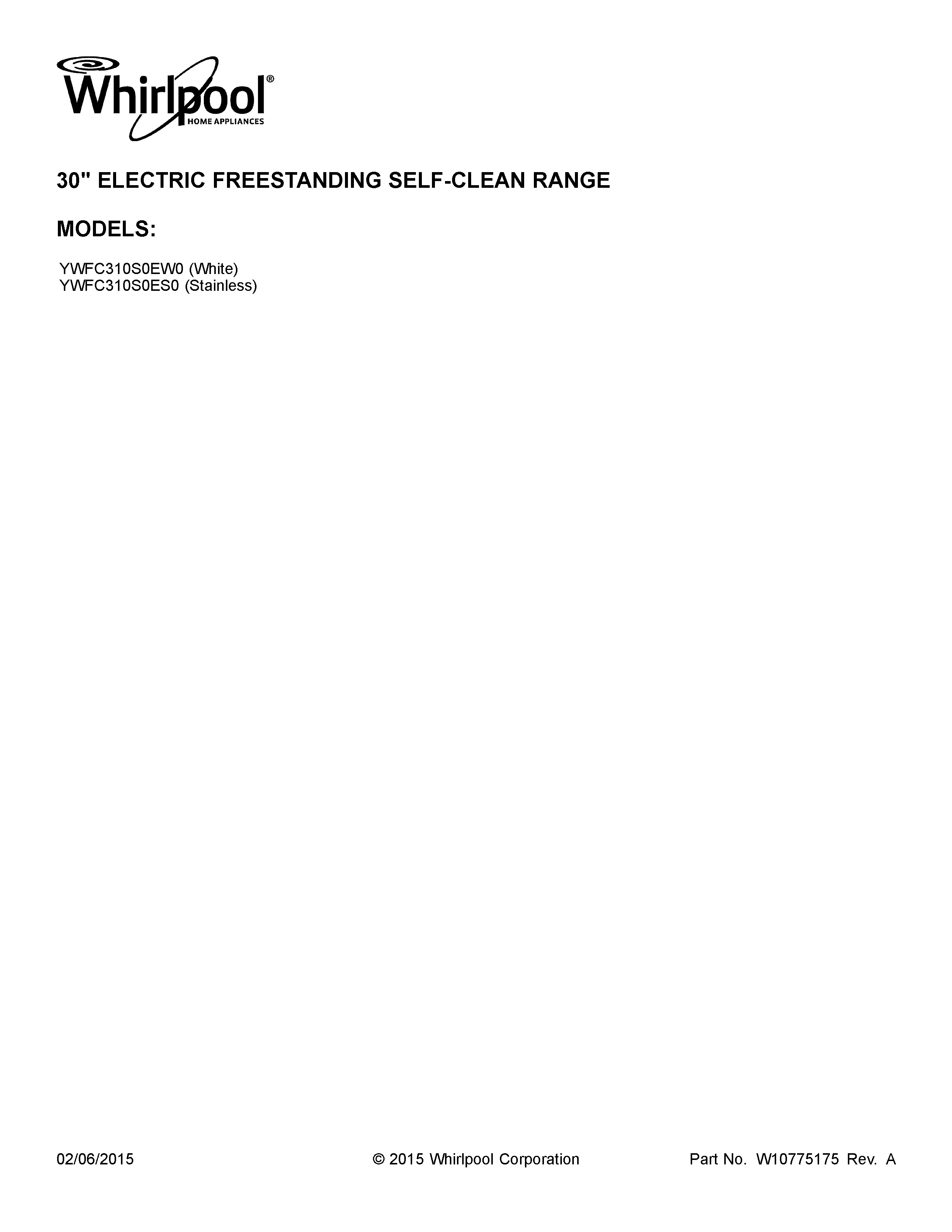 Whirlpool YWFC310S0EW0 cover sheet diagram