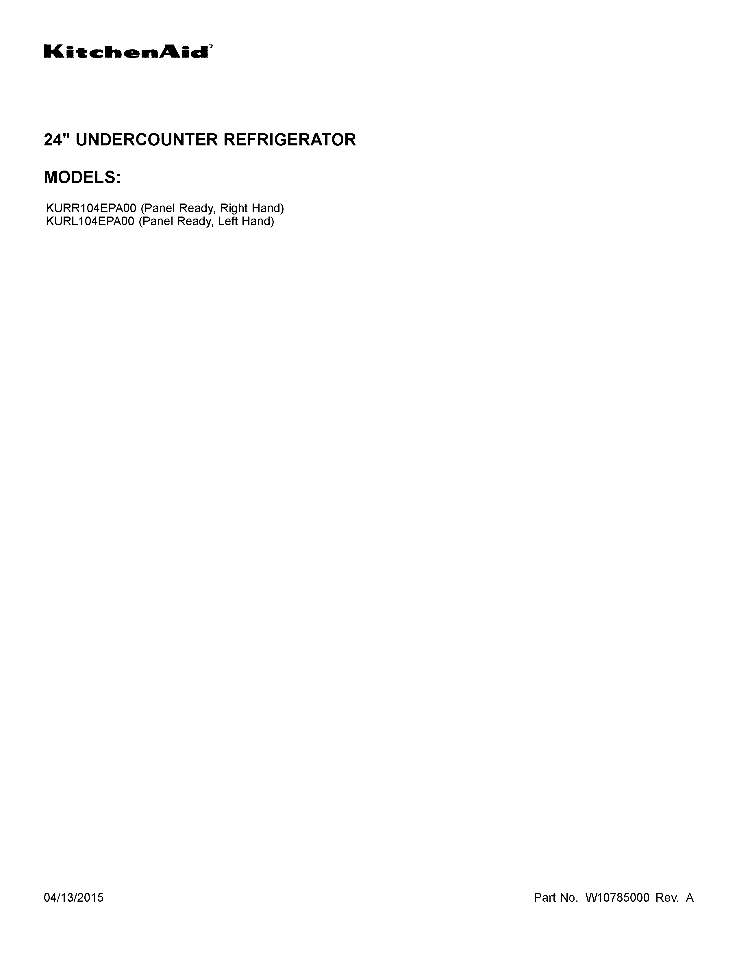 KitchenAid KURL104EPA00 cover sheet diagram