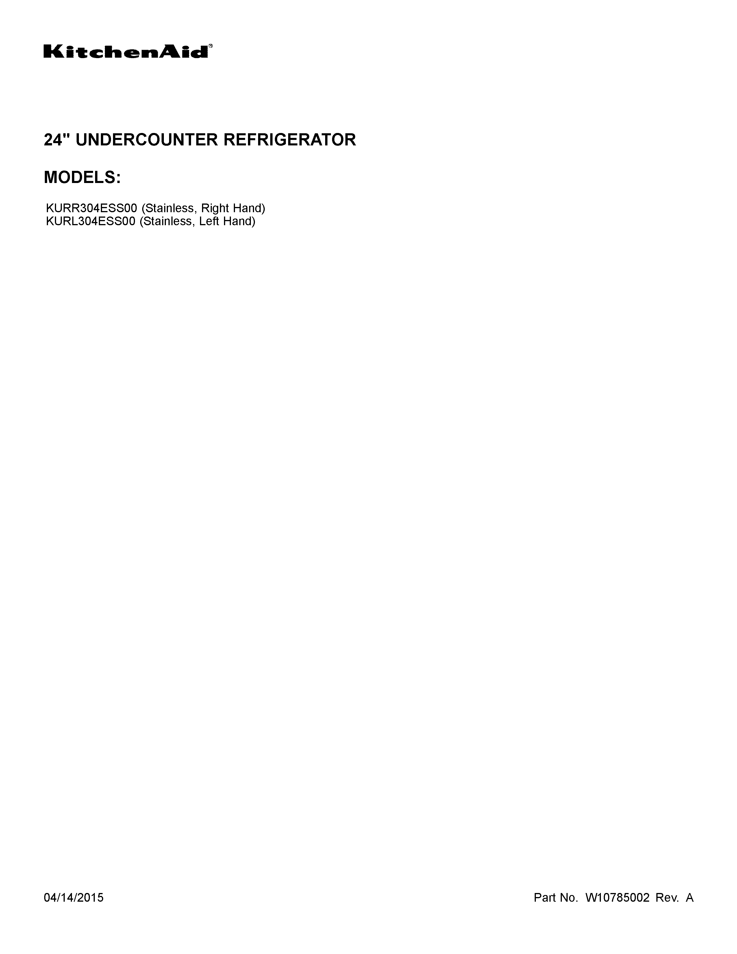 KitchenAid KURR304ESS00 cover sheet diagram