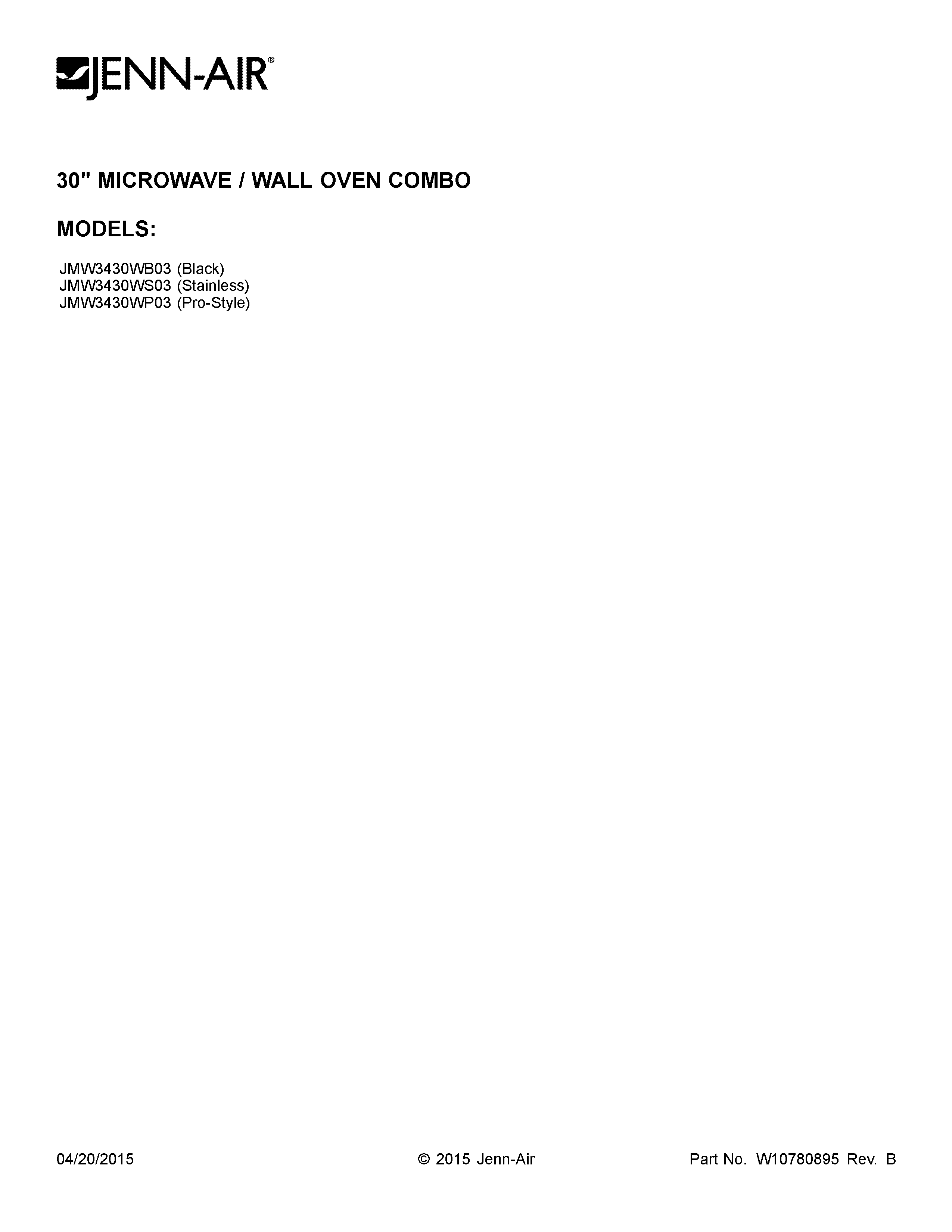 Jenn-Air JMW3430WP03 cover sheet diagram