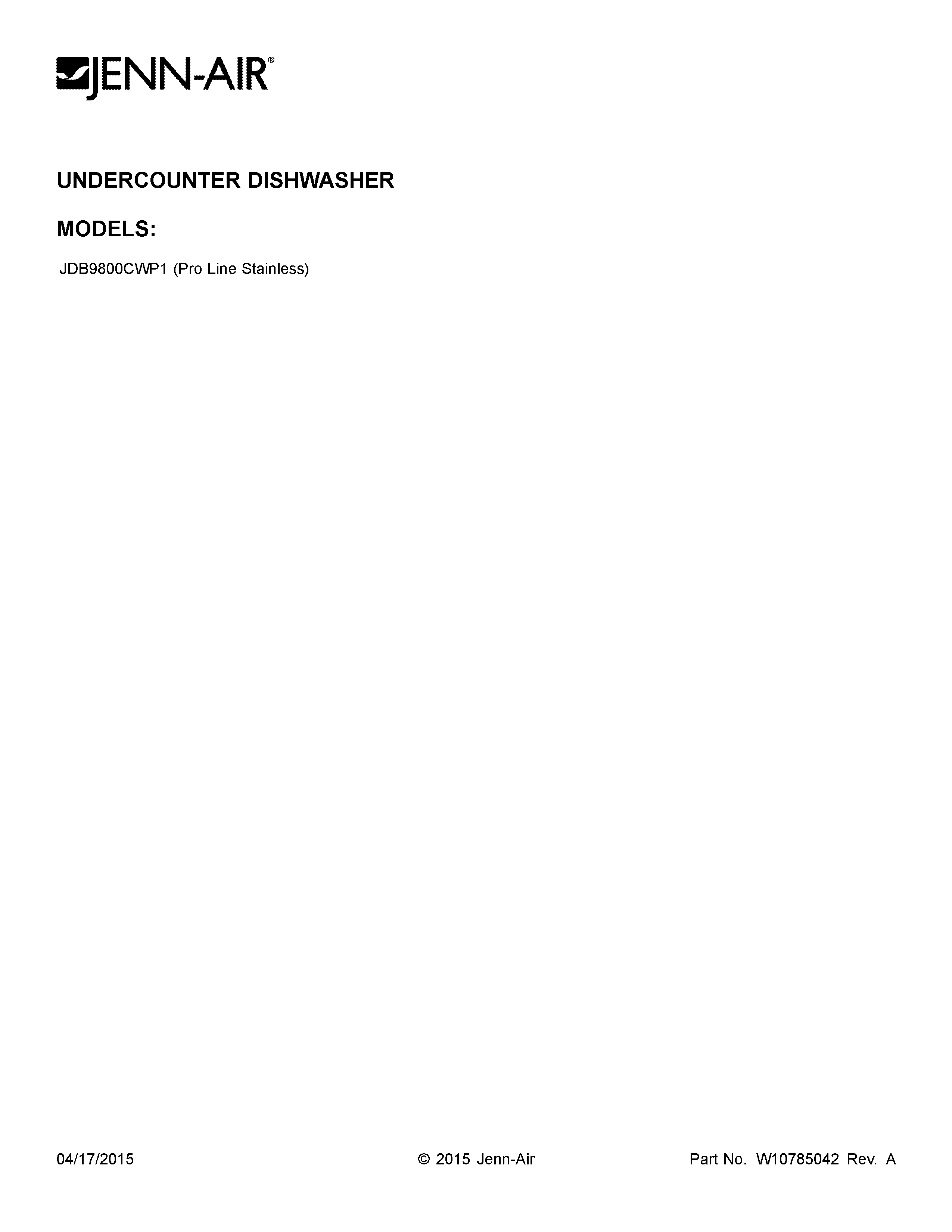 Jenn-Air JDB9800CWP1 cover sheet diagram