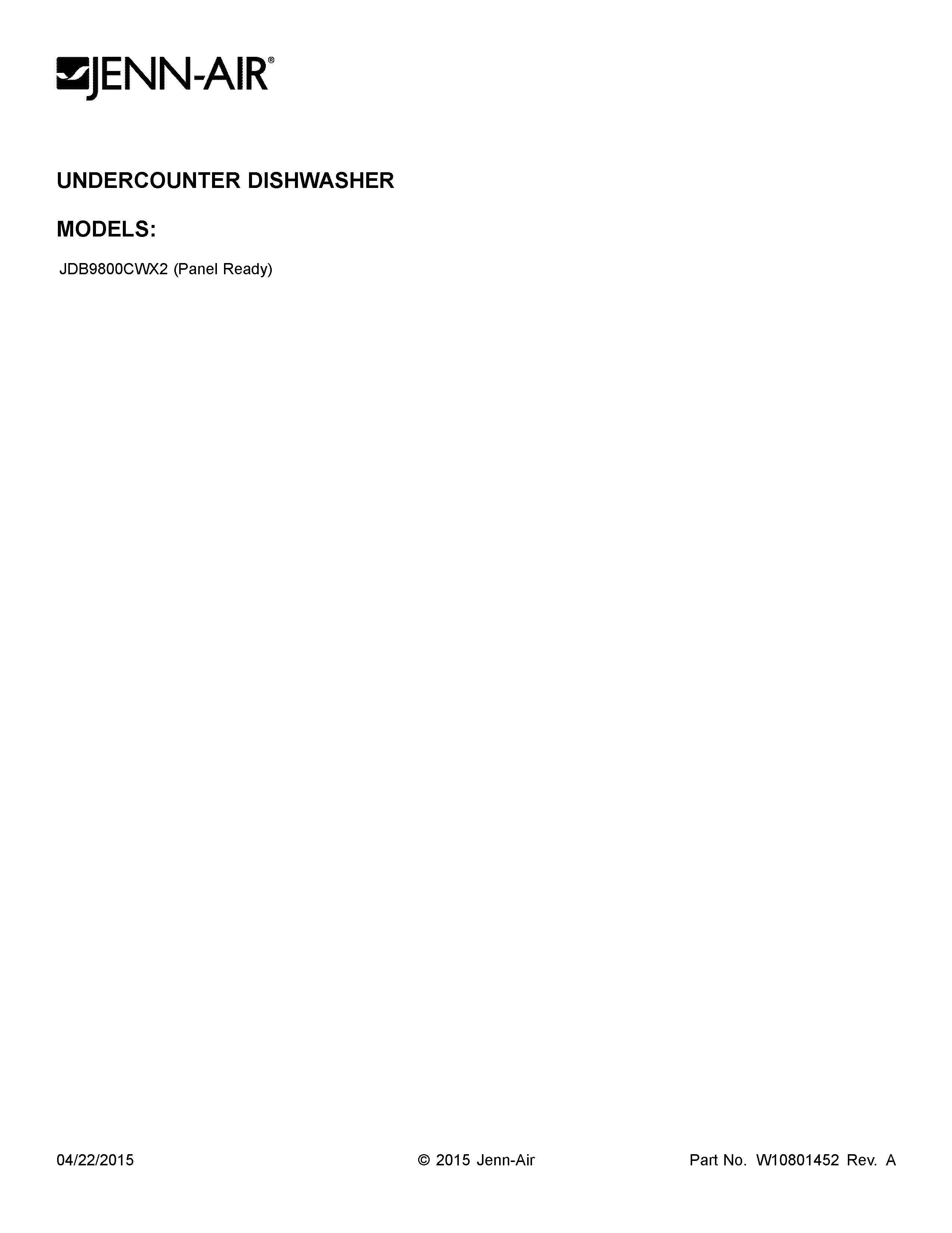 Jenn-Air JDB9800CWX2 cover sheet diagram