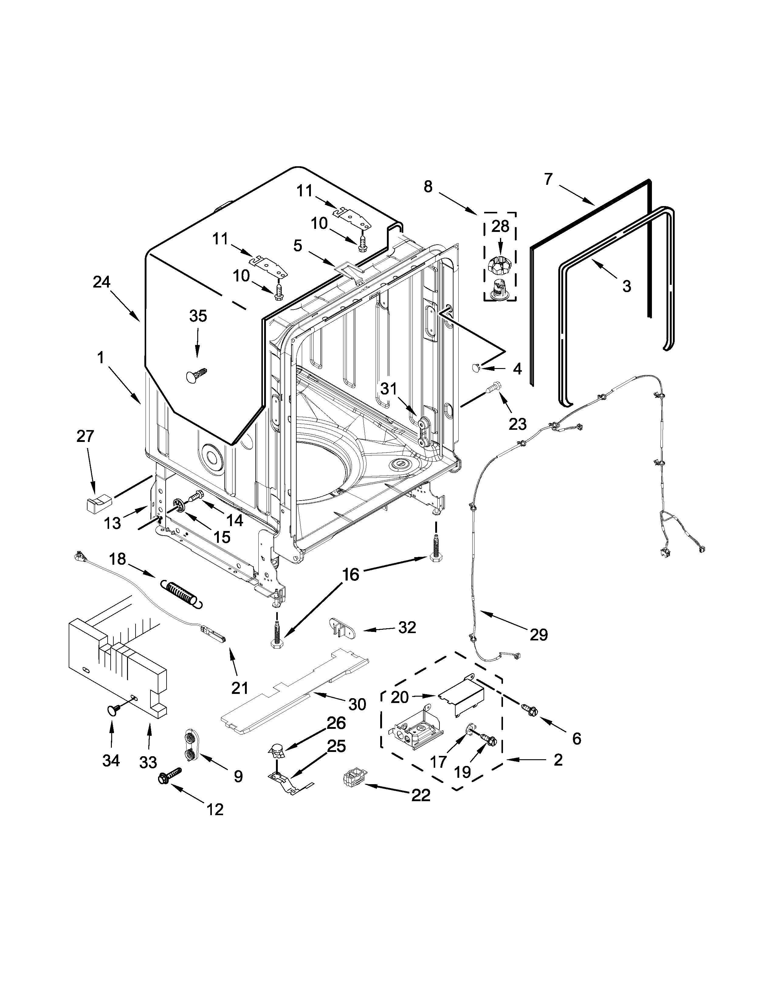 Jenn-Air JDB9800CWX2 tub and frame parts diagram