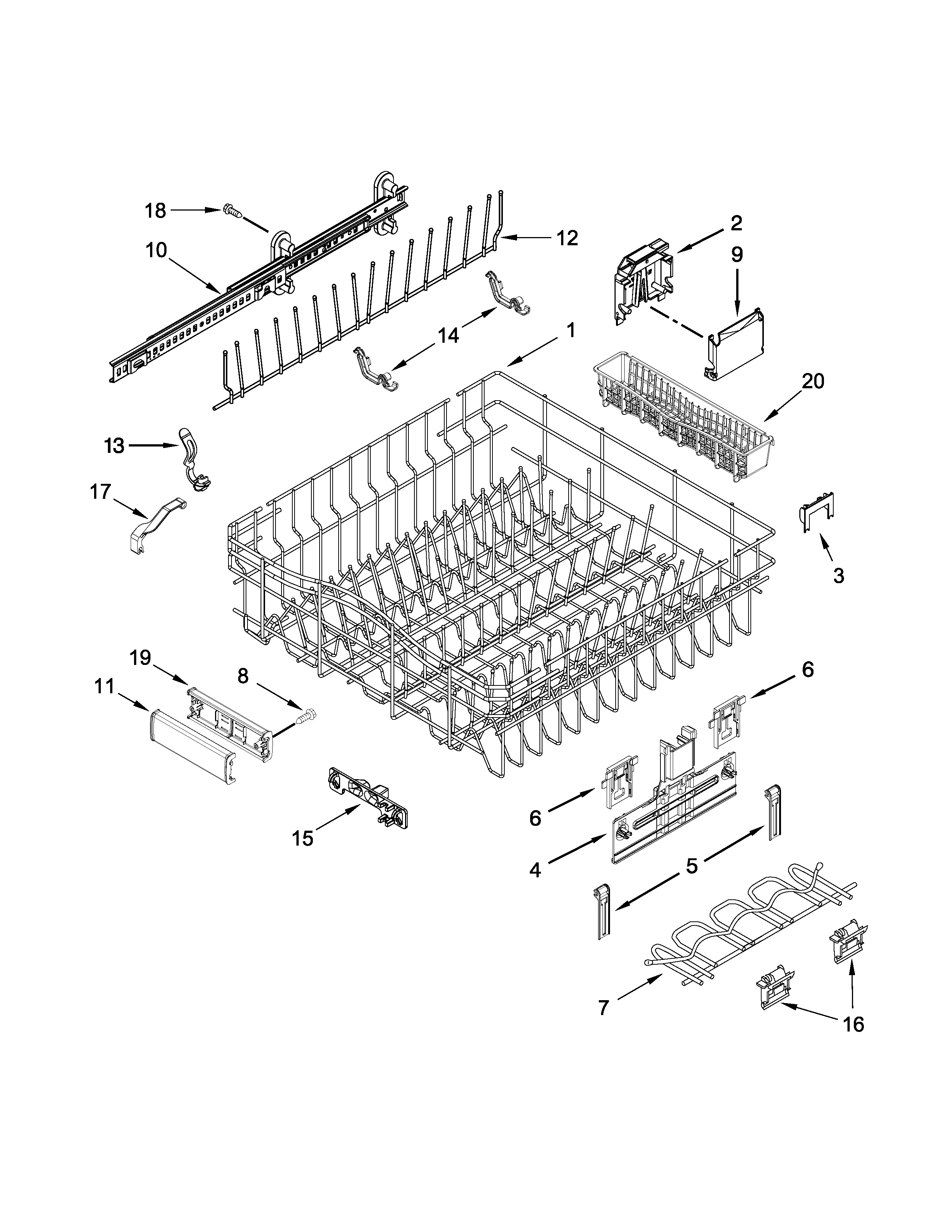 Jenn-Air JDB9800CWX2 upper rack and track parts diagram