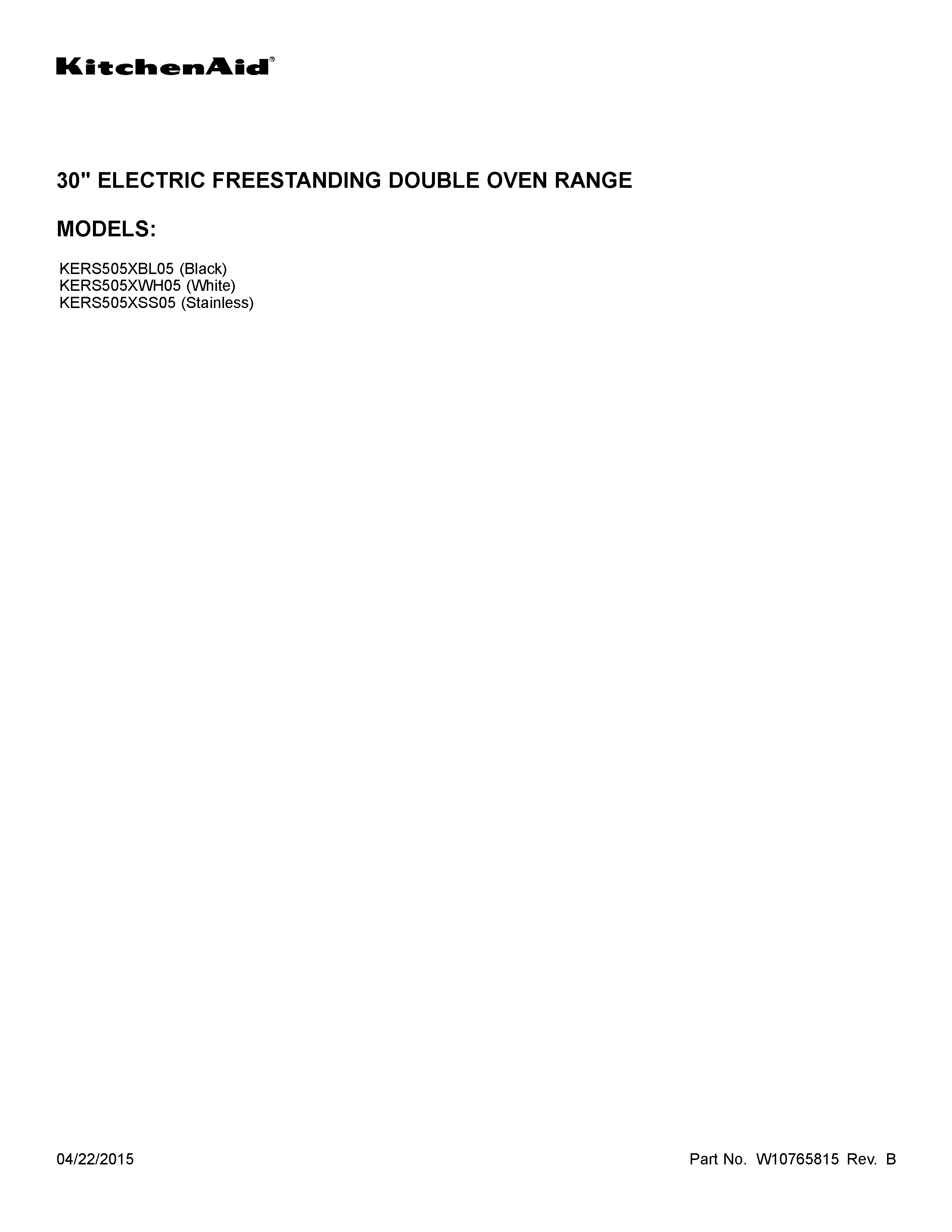 KitchenAid KERS505XWH05 cover sheet diagram