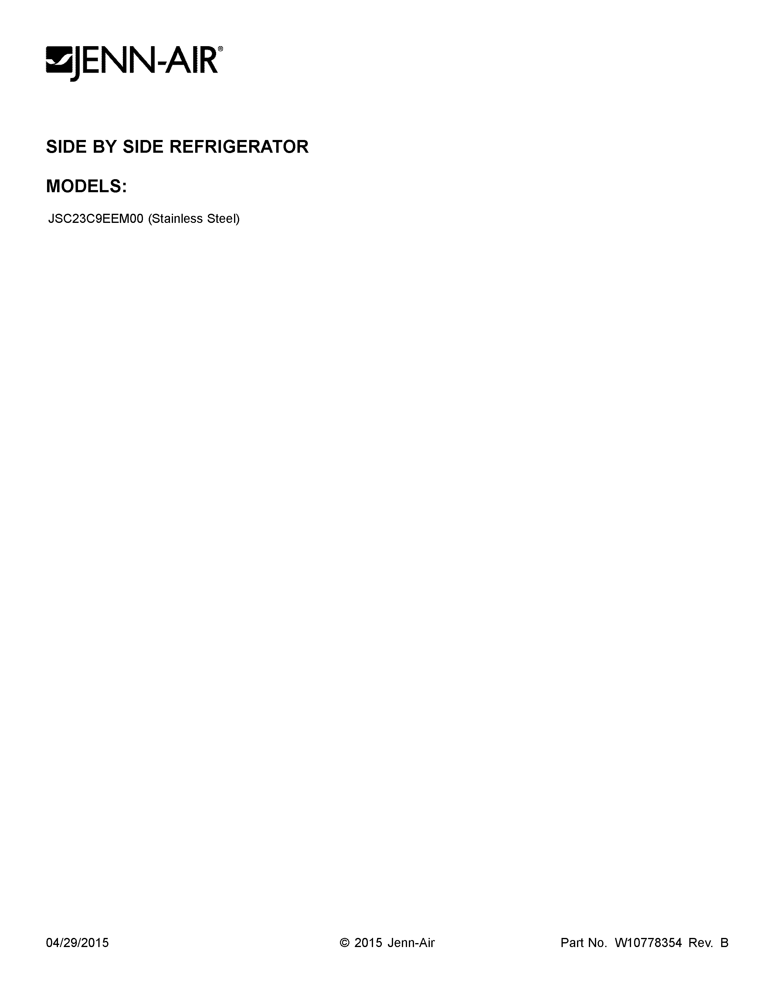 Jenn-Air JSC23C9EEM00 cover sheet diagram