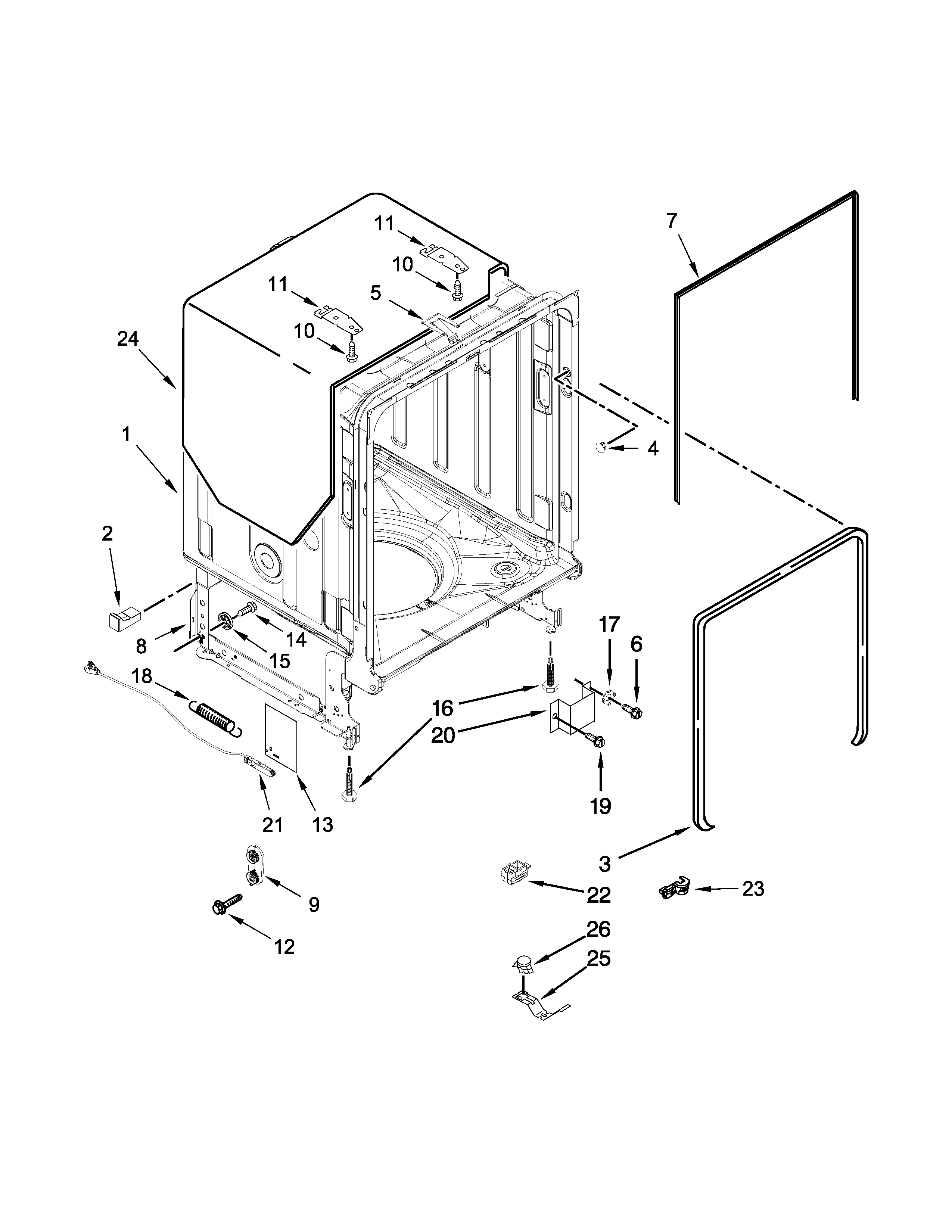 KitchenAid KDTE334DSS0 tub and frame parts diagram