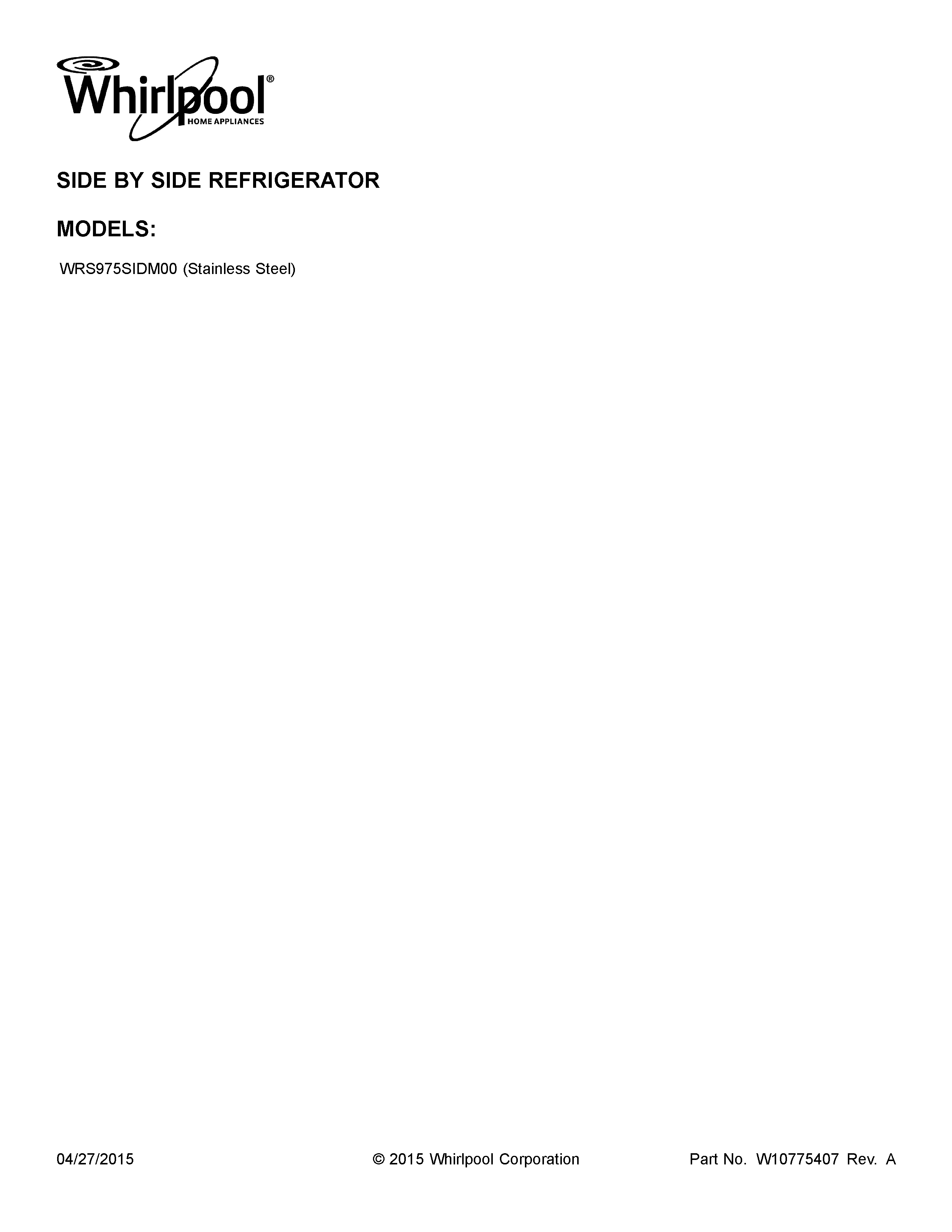 Whirlpool WRS975SIDM00 cover sheet diagram
