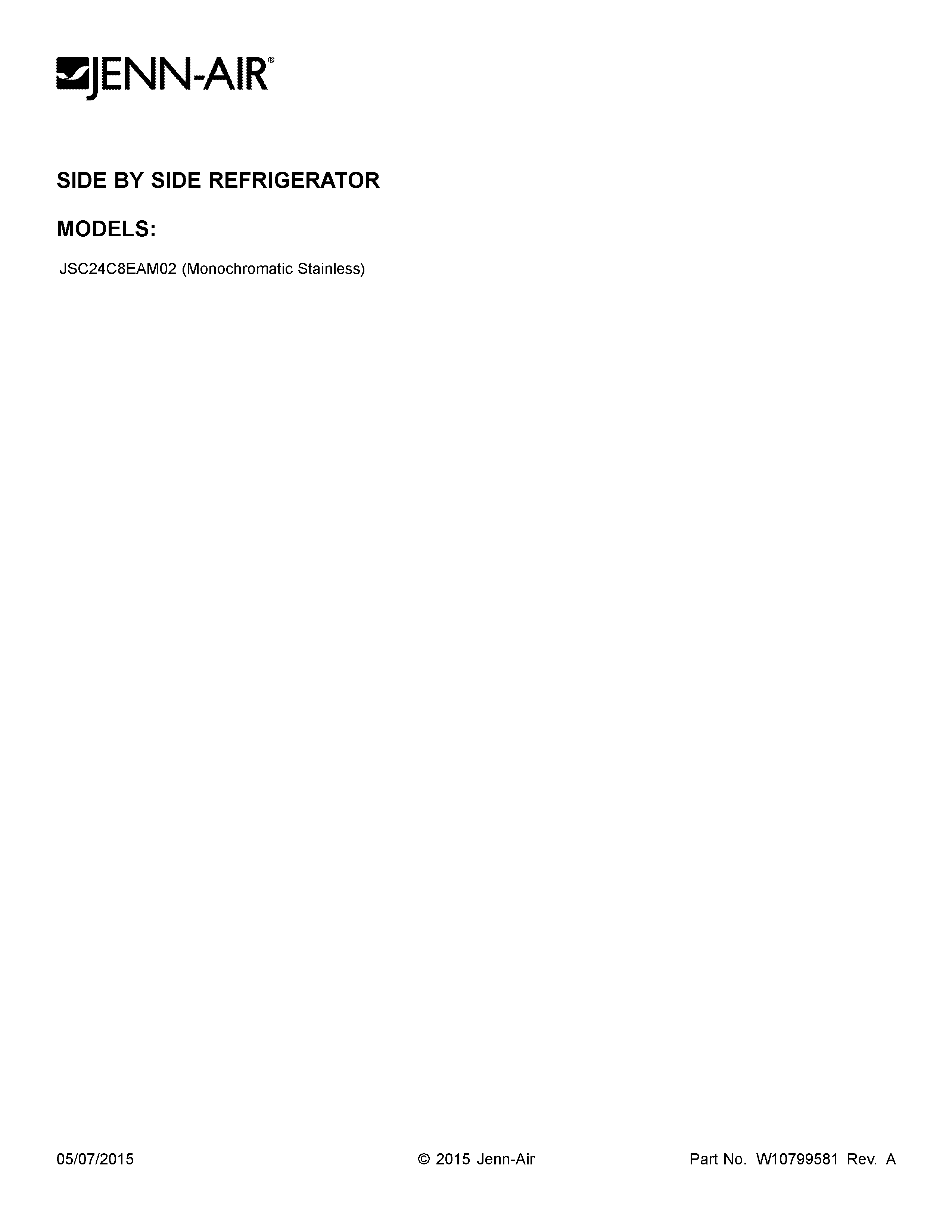 Jenn-Air JSC24C8EAM02 cover sheet diagram