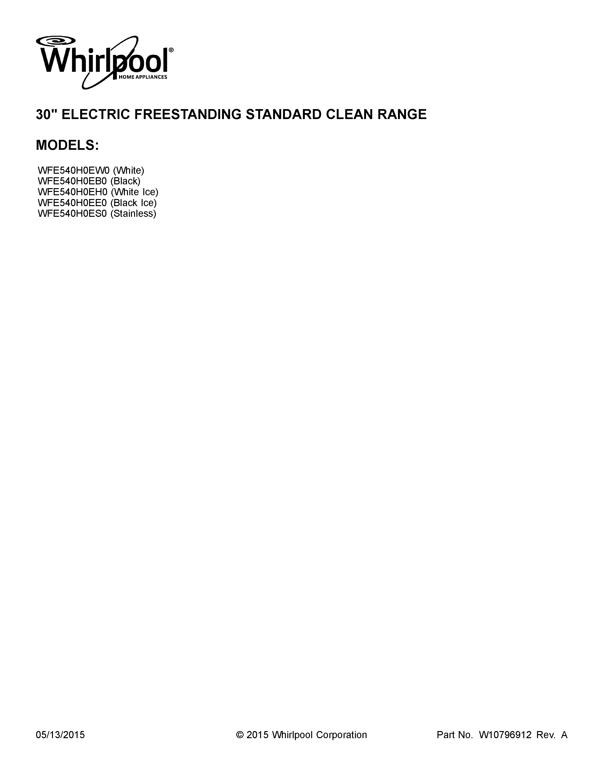 Whirlpool WFE540H0EW0 cover sheet diagram
