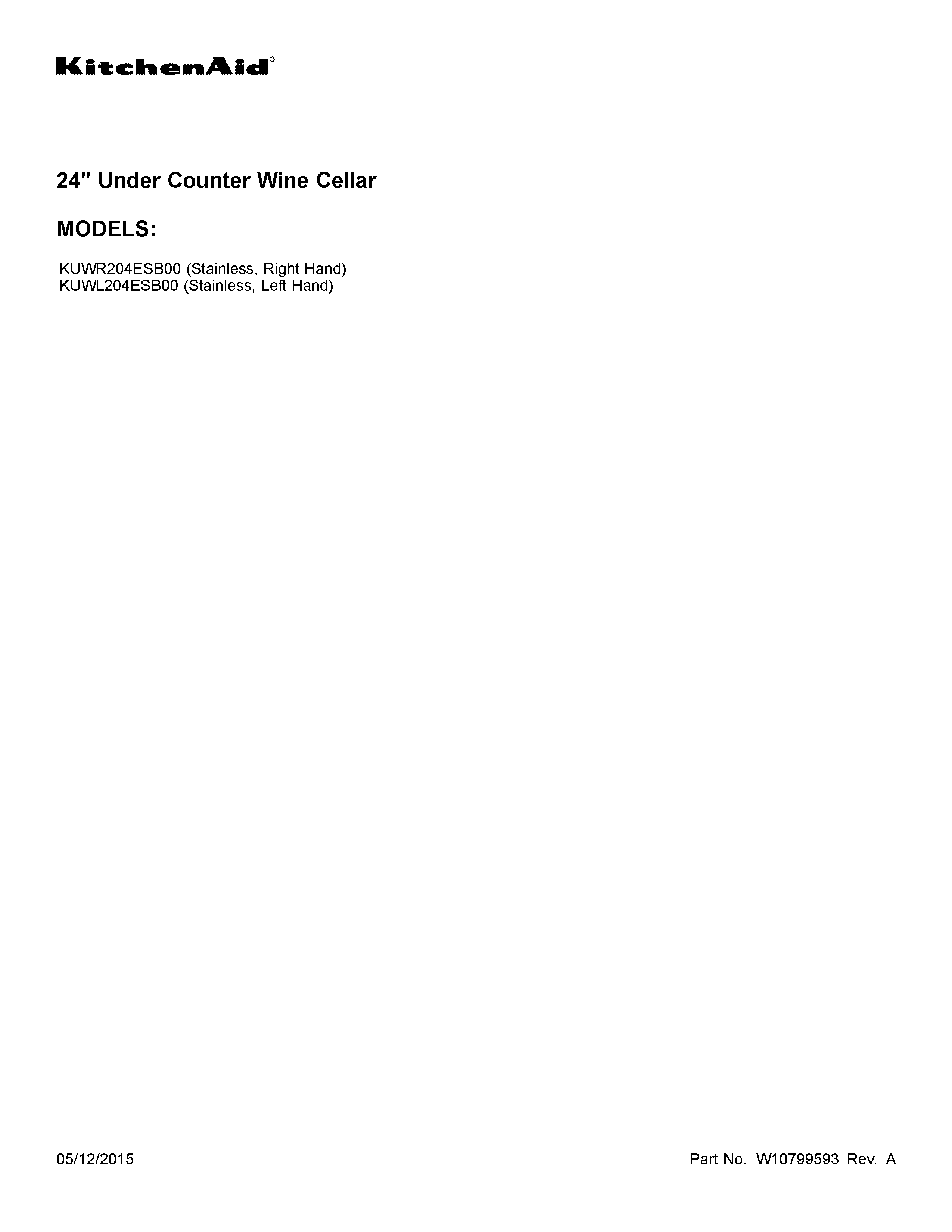 KitchenAid KUWL204ESB00 cover sheet diagram