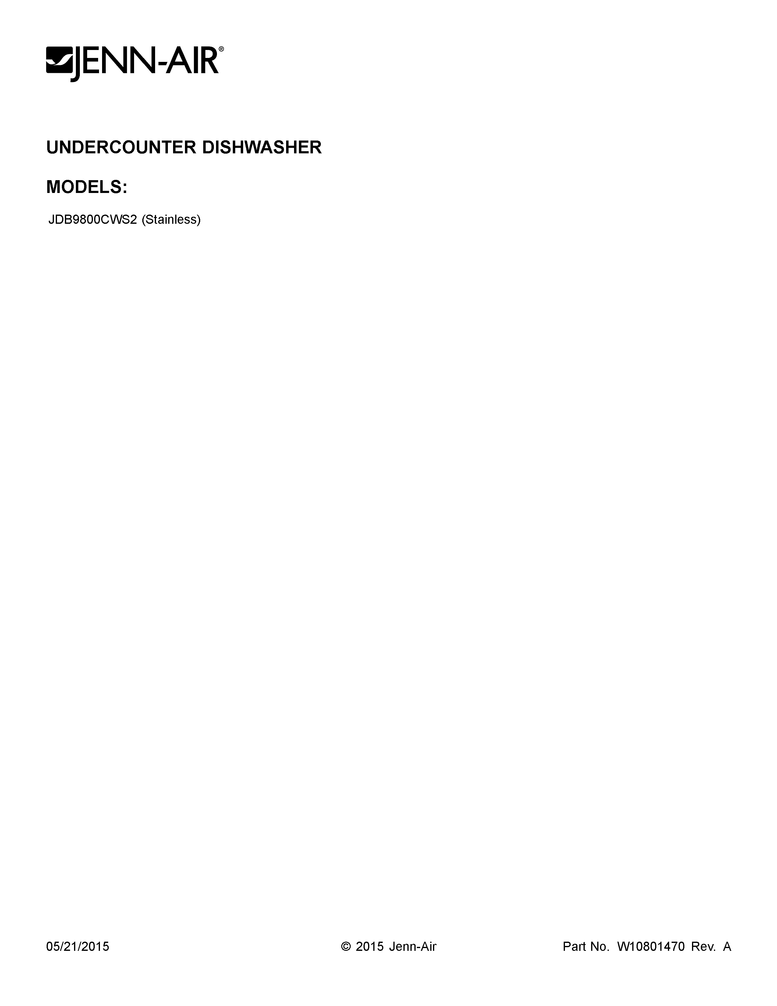 Jenn-Air JDB9800CWS2 cover sheet diagram