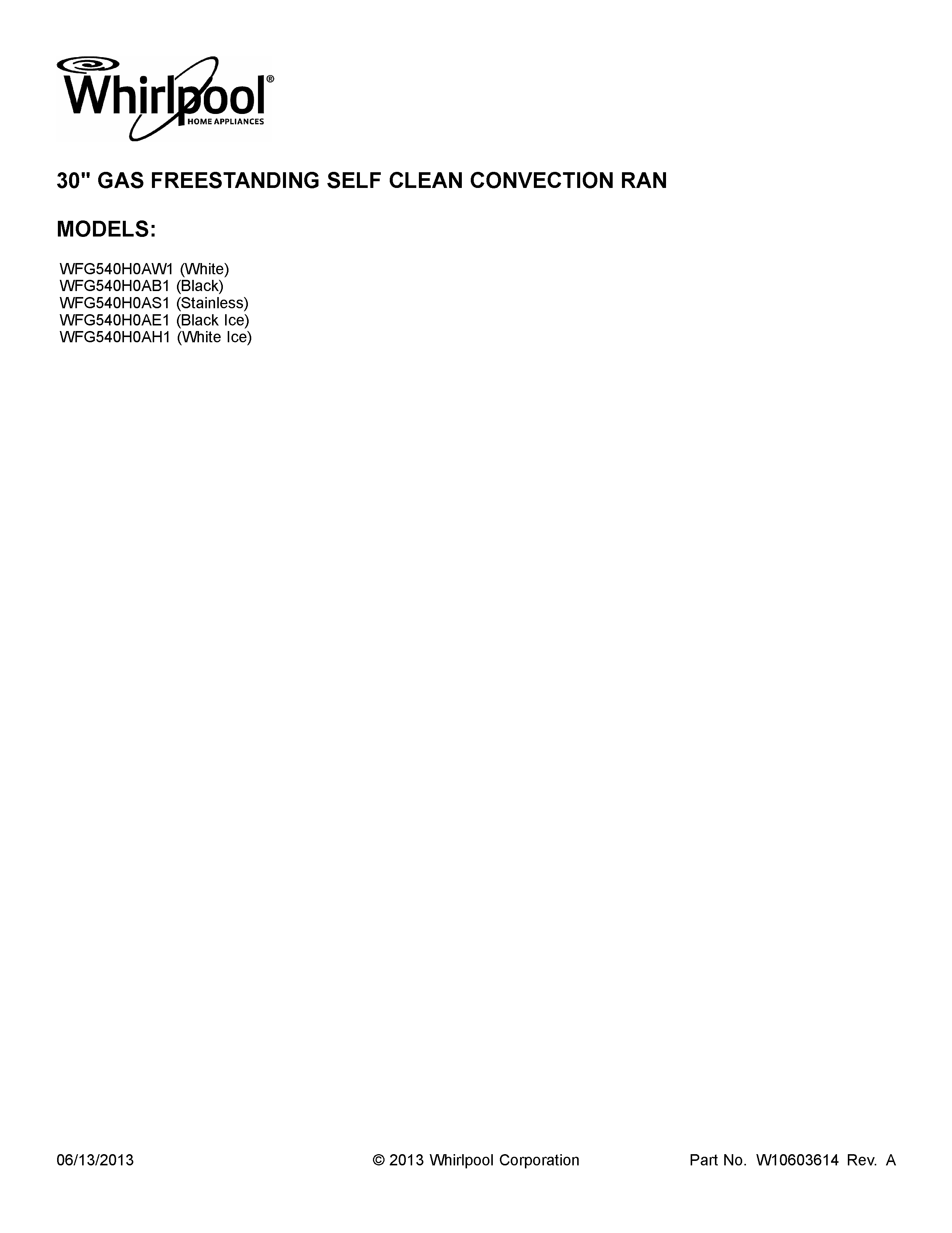 Whirlpool WFG540H0AW1 cover sheet diagram