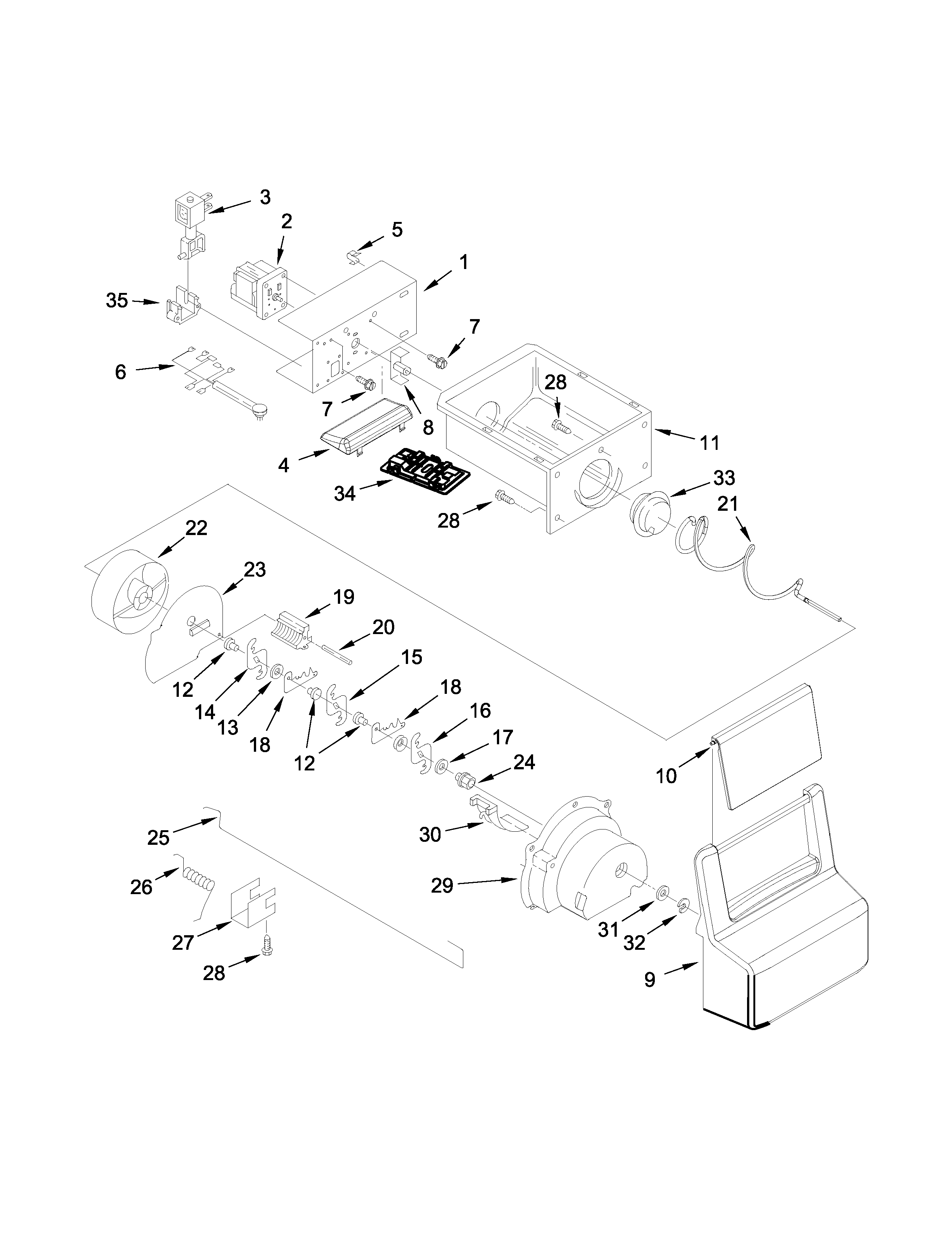 Maytag MSF21D4MDE02 motor and ice container parts diagram