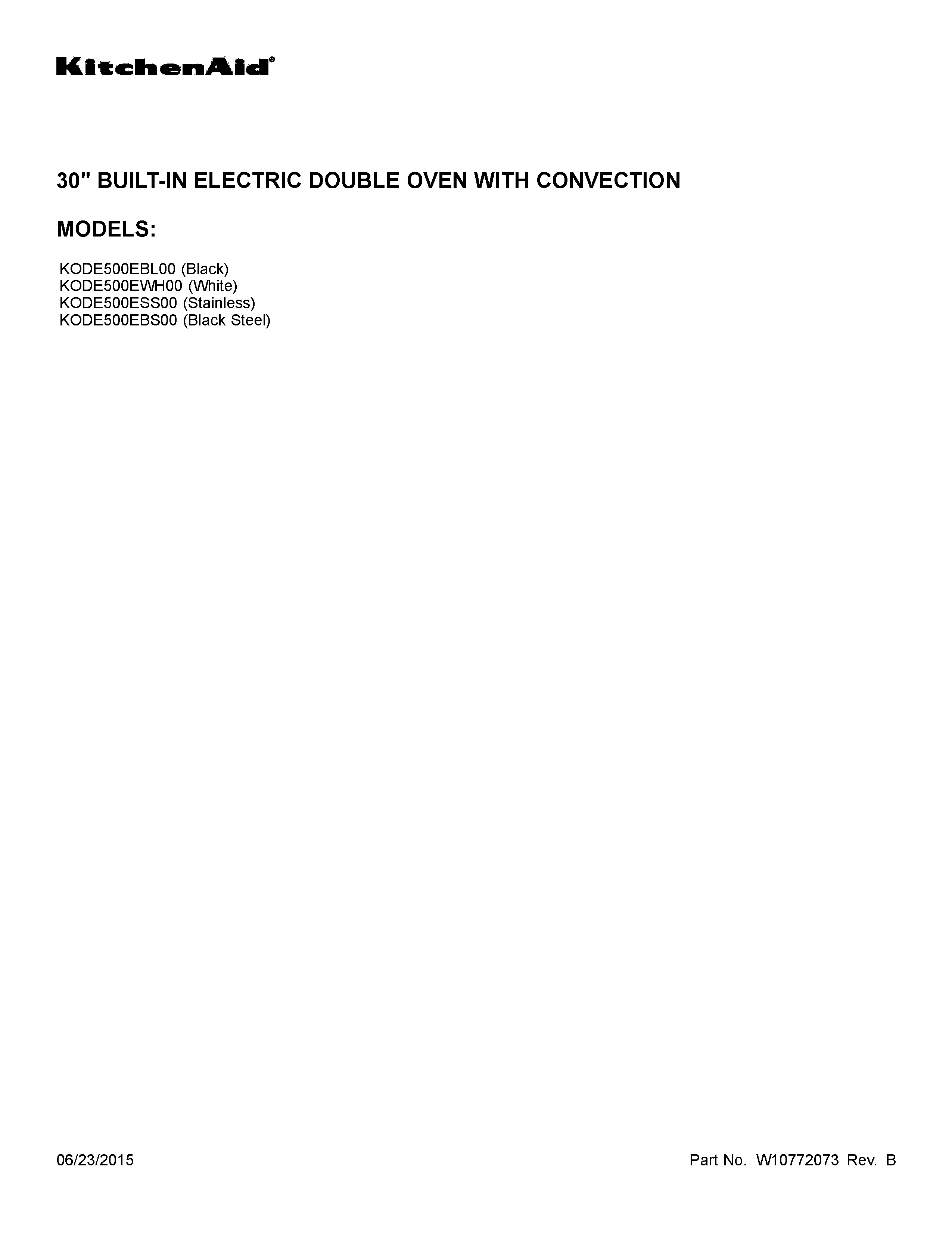 KitchenAid KODE500EWH00 cover sheet diagram