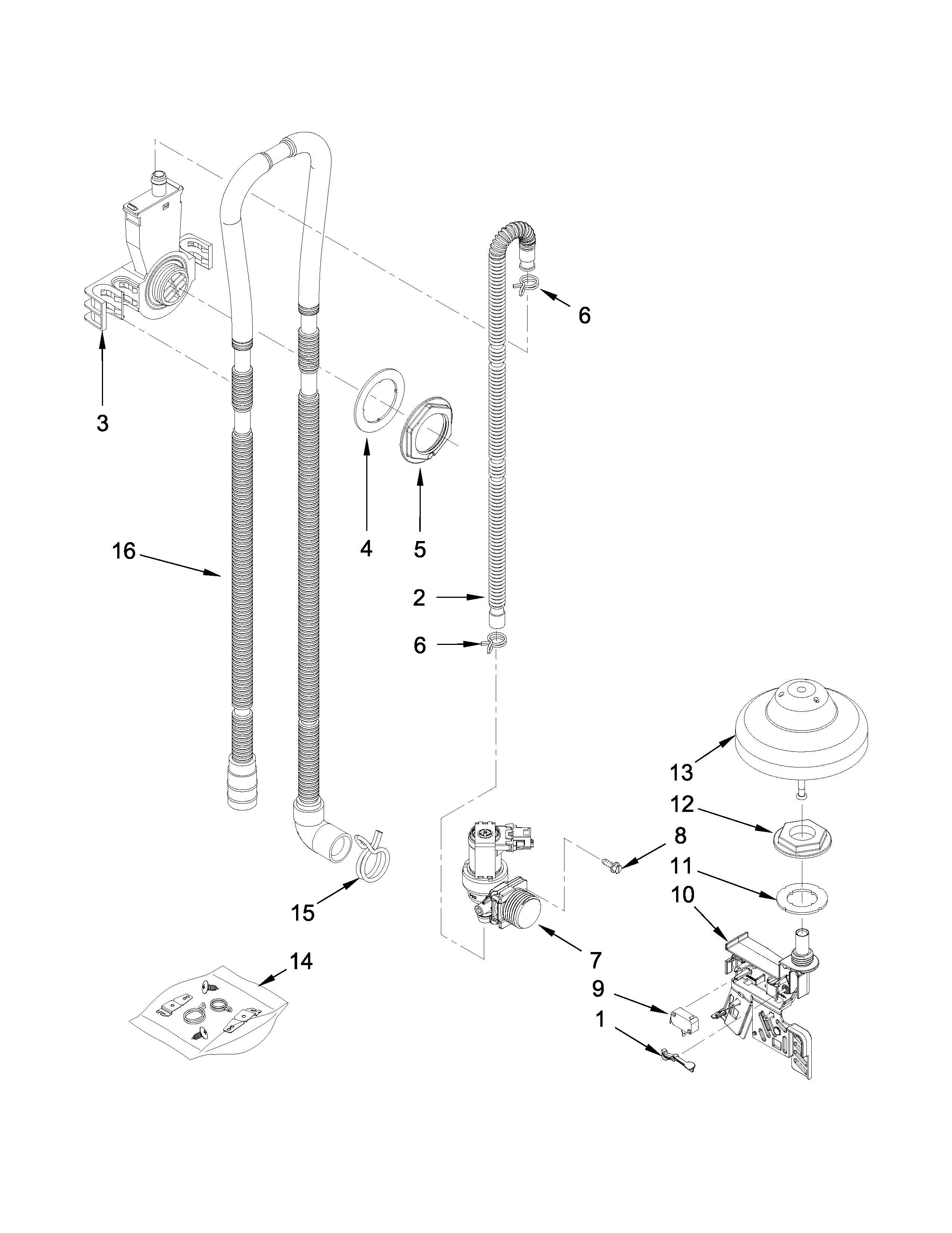 KitchenAid KDFE454CSS3 fill, drain and overfill parts diagram