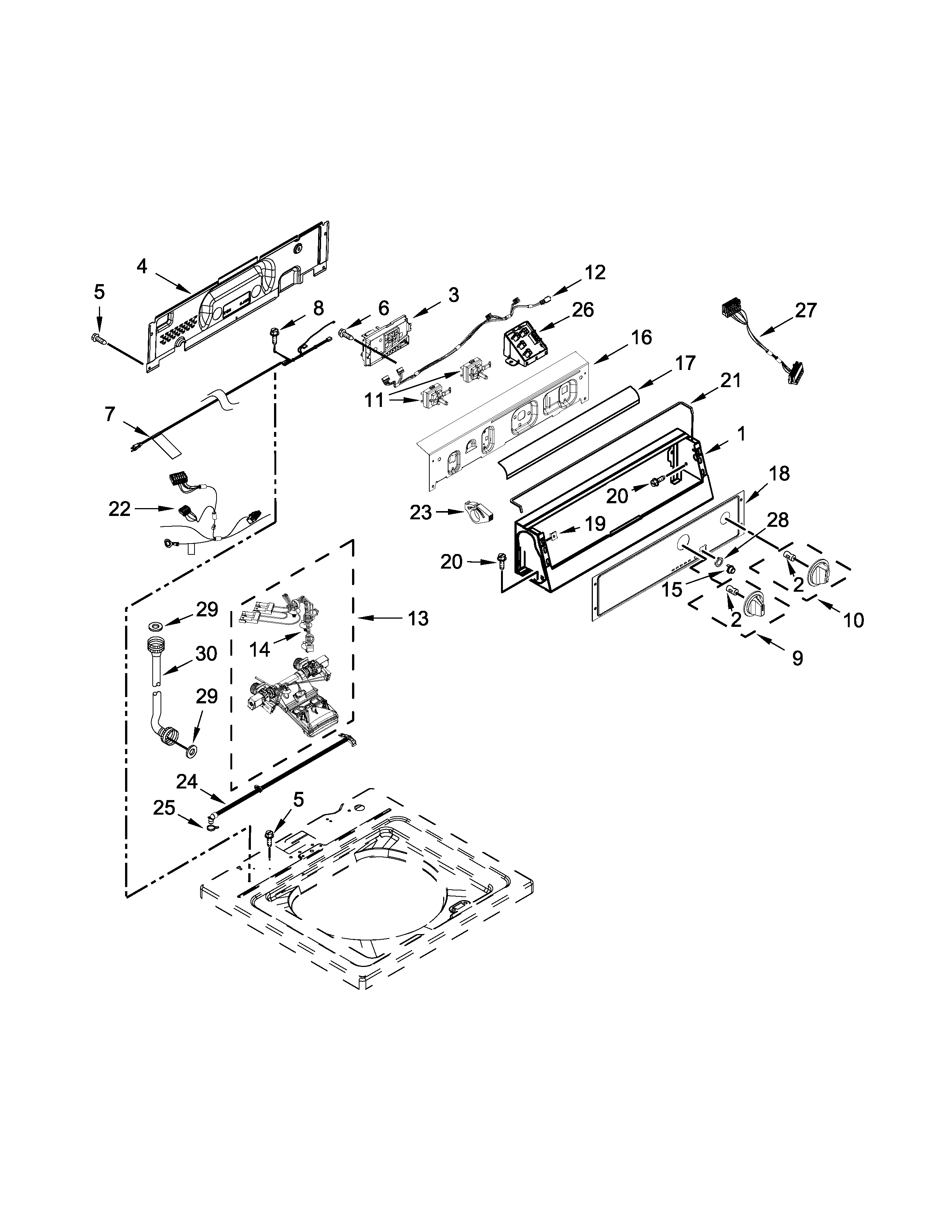 Whirlpool CAE2743BQ0 controls and water inlet parts diagram