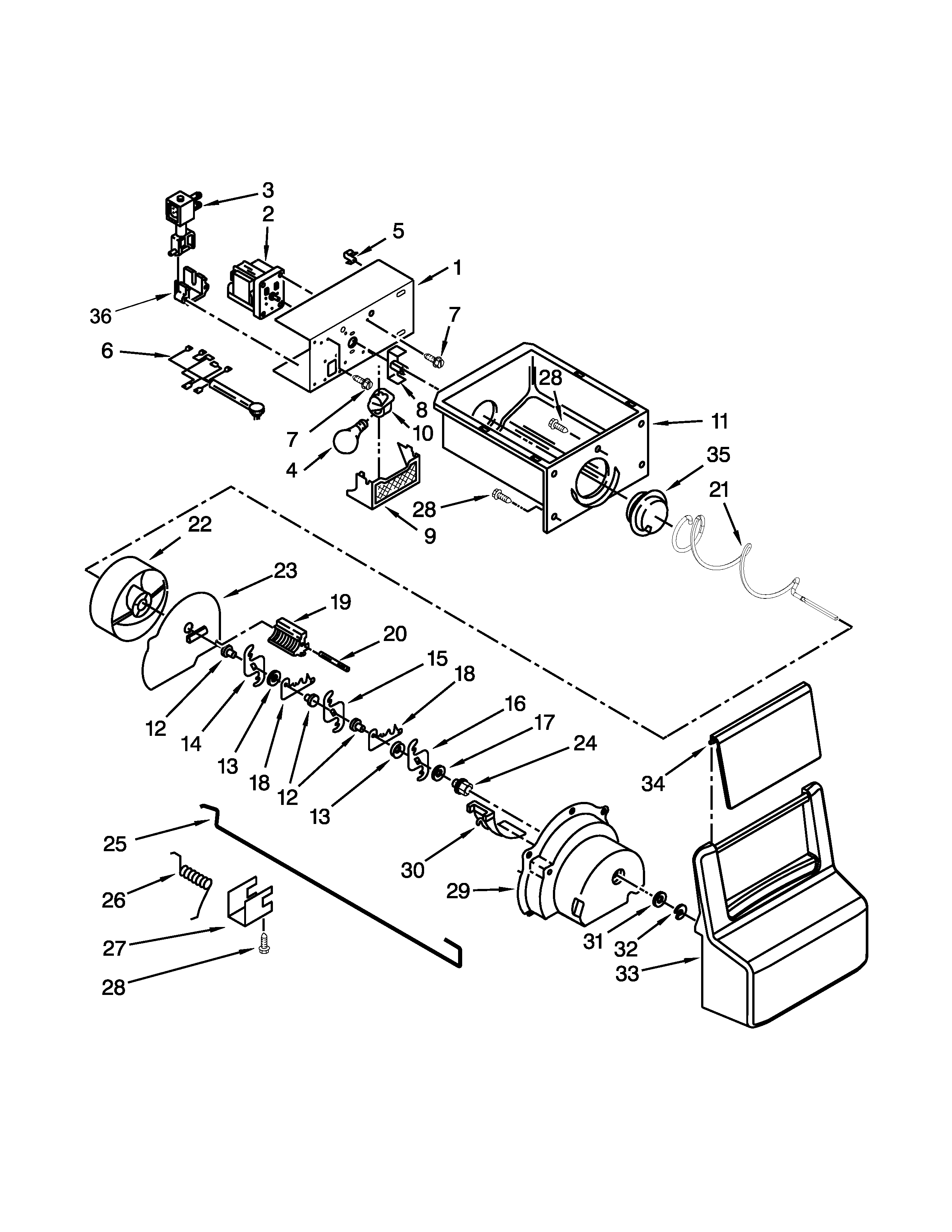 Amana ASD2275BRB02 motor and ice container parts diagram
