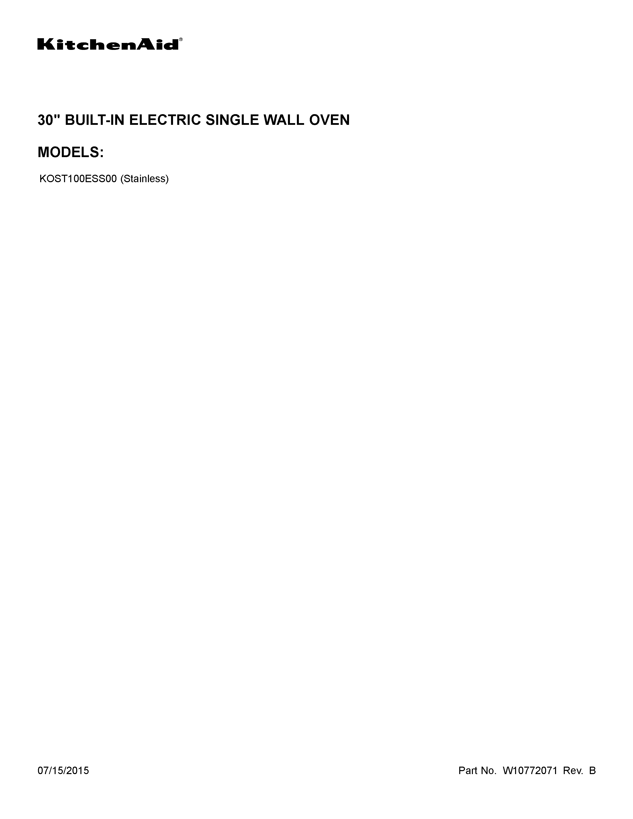 KitchenAid KOST100ESS00 cover sheet diagram