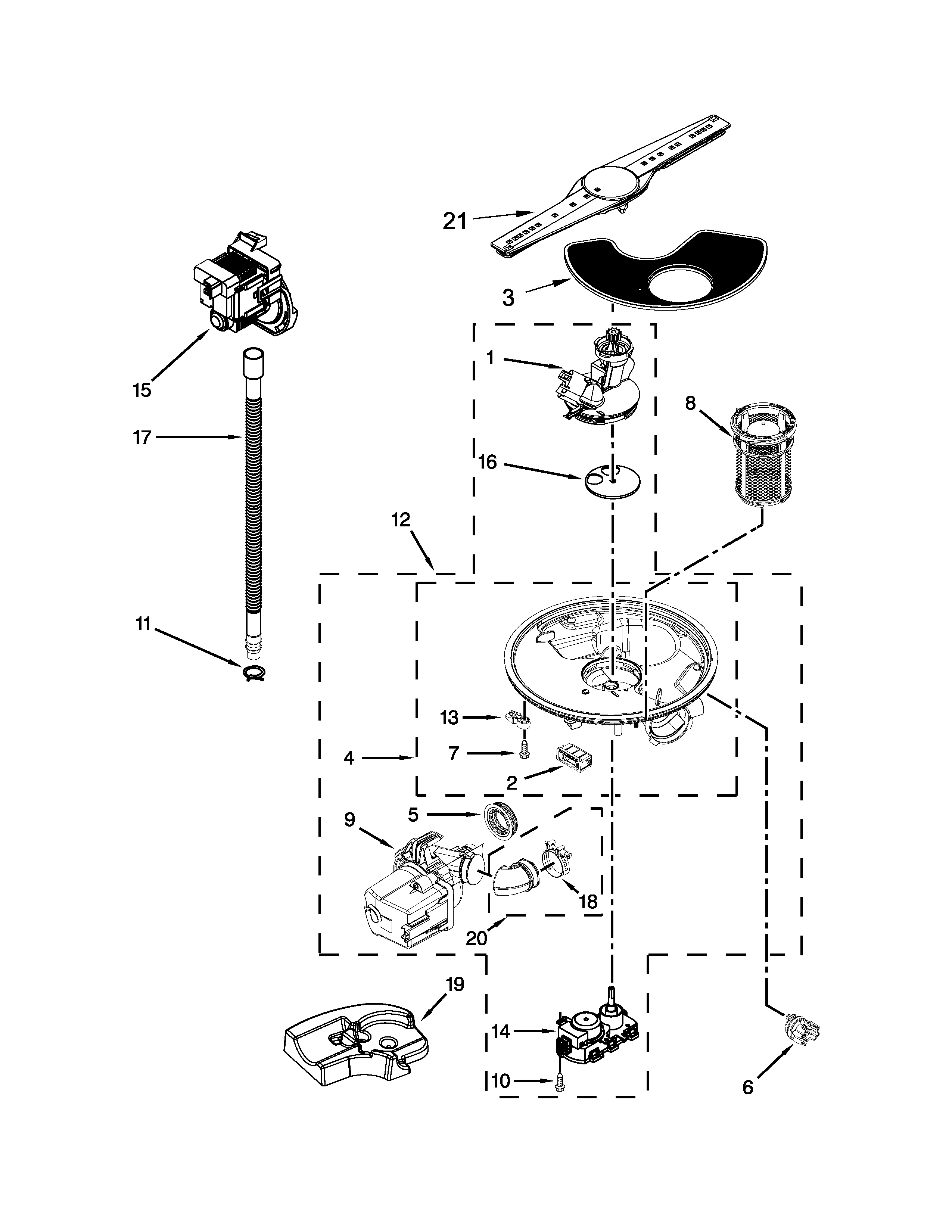 Whirlpool WDT920SADM2 pump, washarm and motor parts diagram
