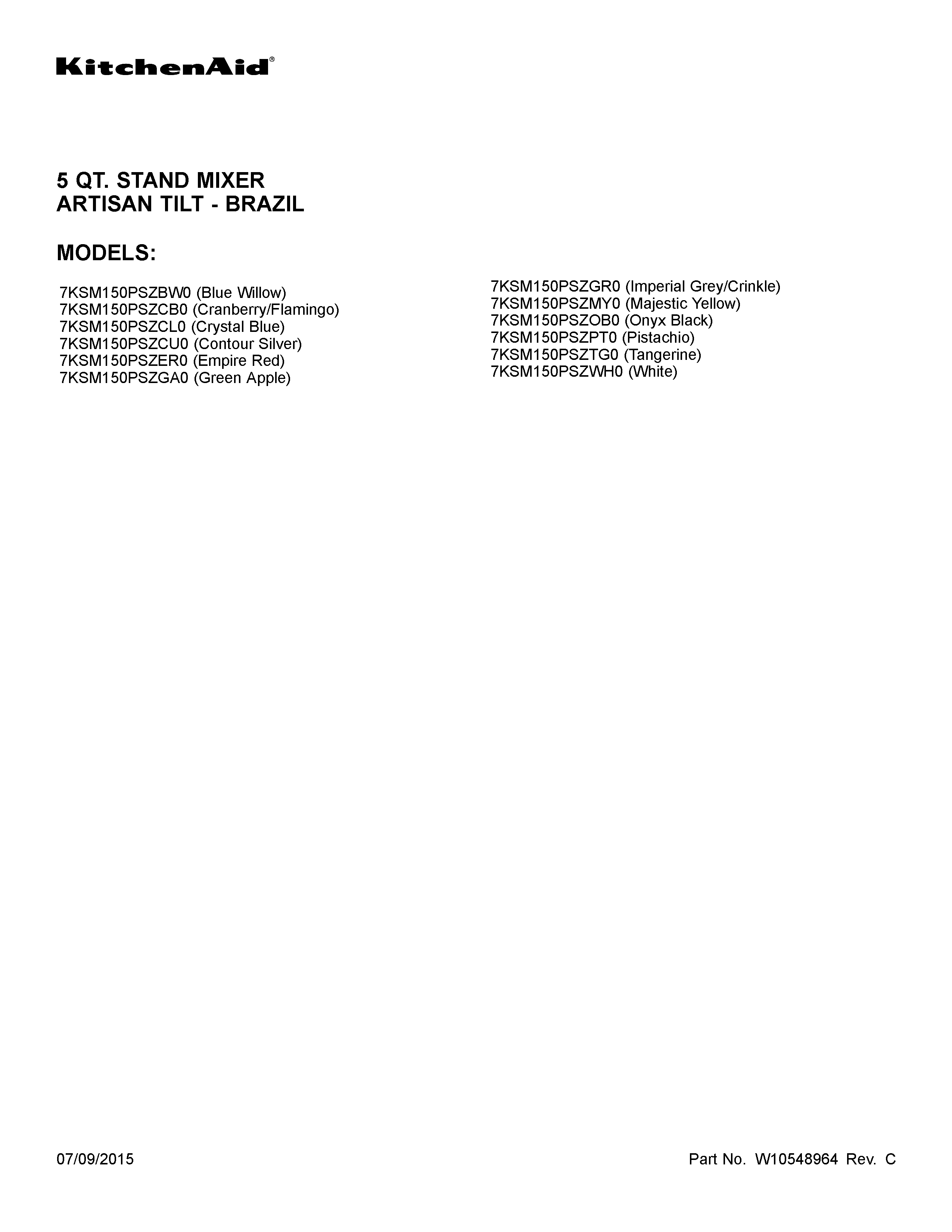 KitchenAid 7KSM150PSZOB0 cover sheet diagram