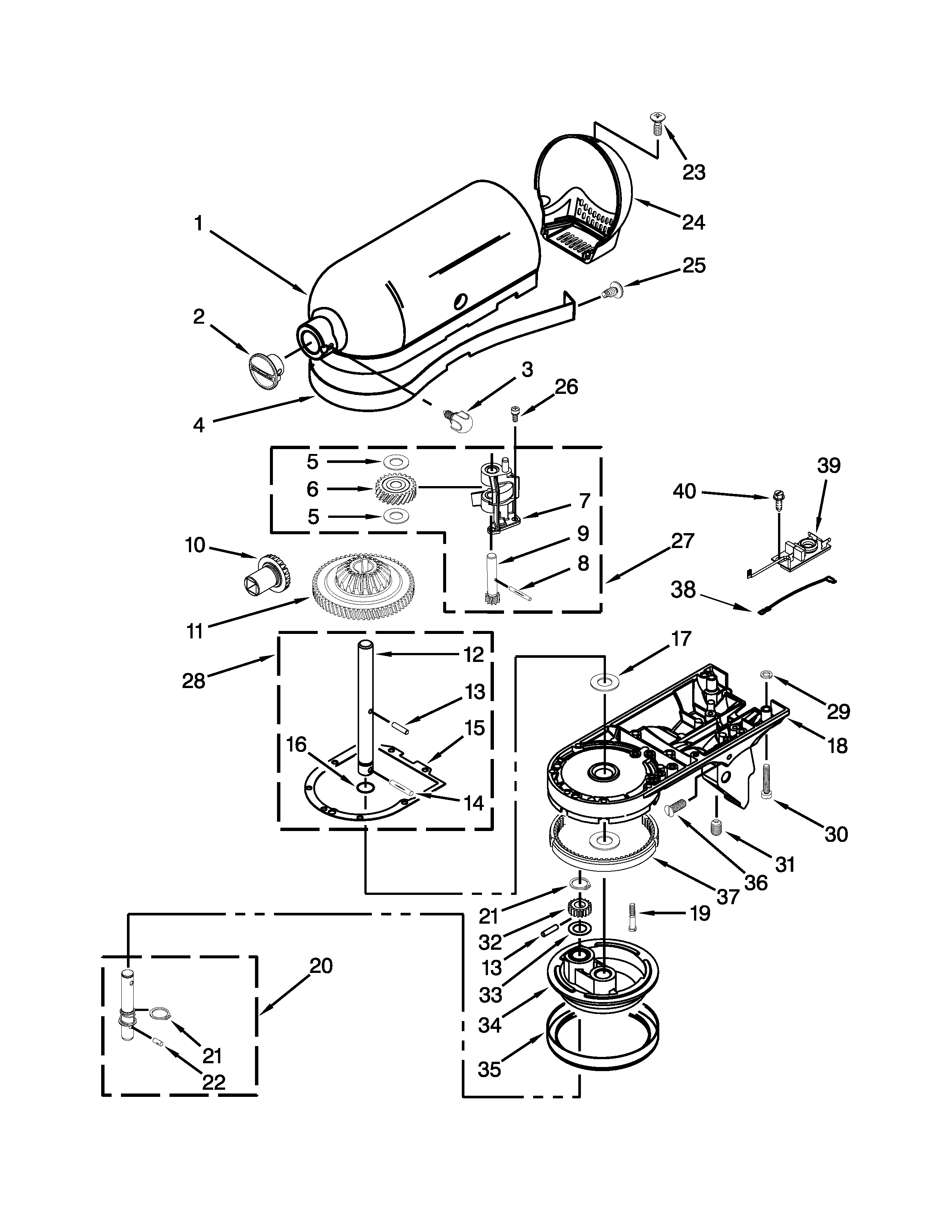 KitchenAid 7KSM150PSZOB0 case, gearing and planetary unit parts diagram
