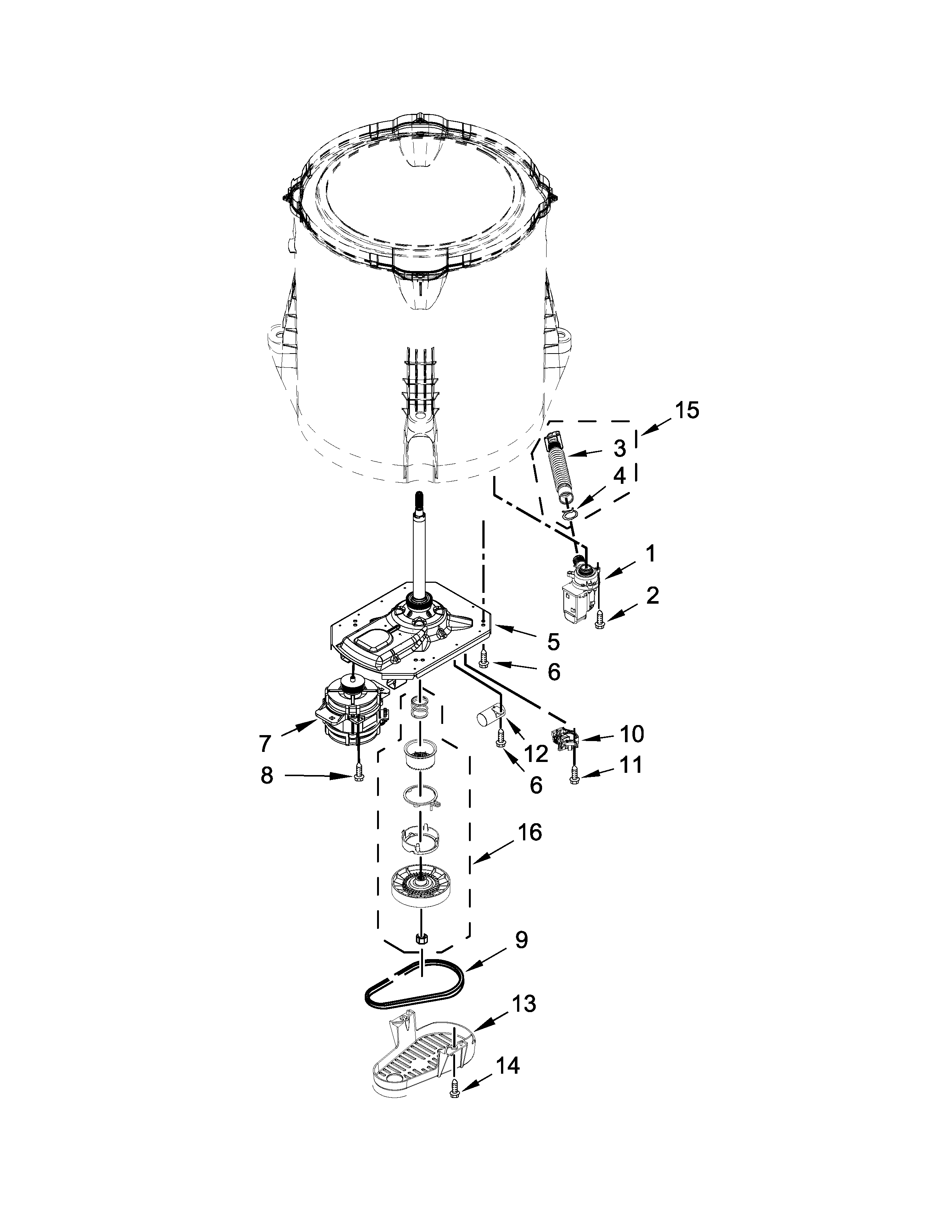 Maytag MVW18MNBGW0 gearcase, motor and pump parts diagram