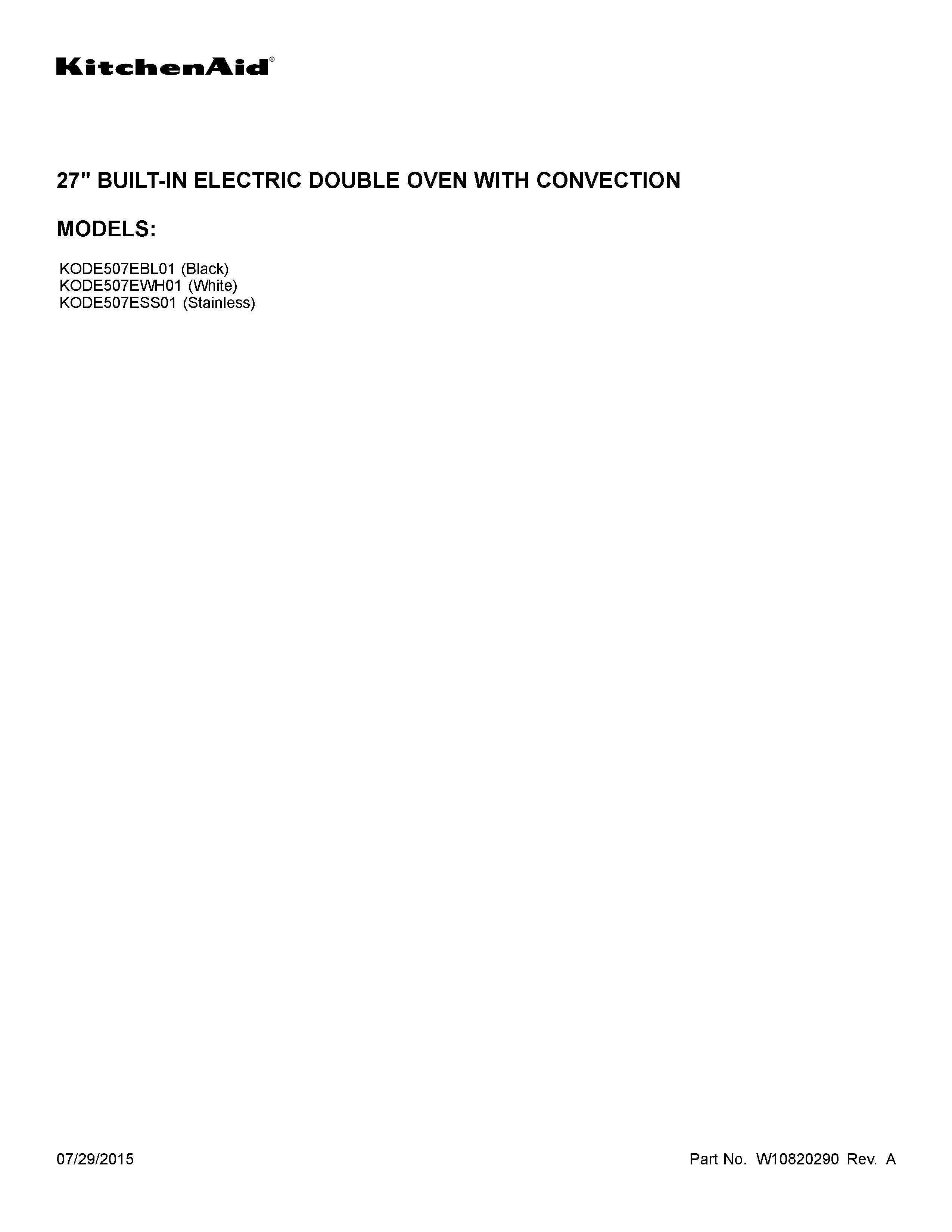 KitchenAid KODE507EWH01 cover sheet diagram