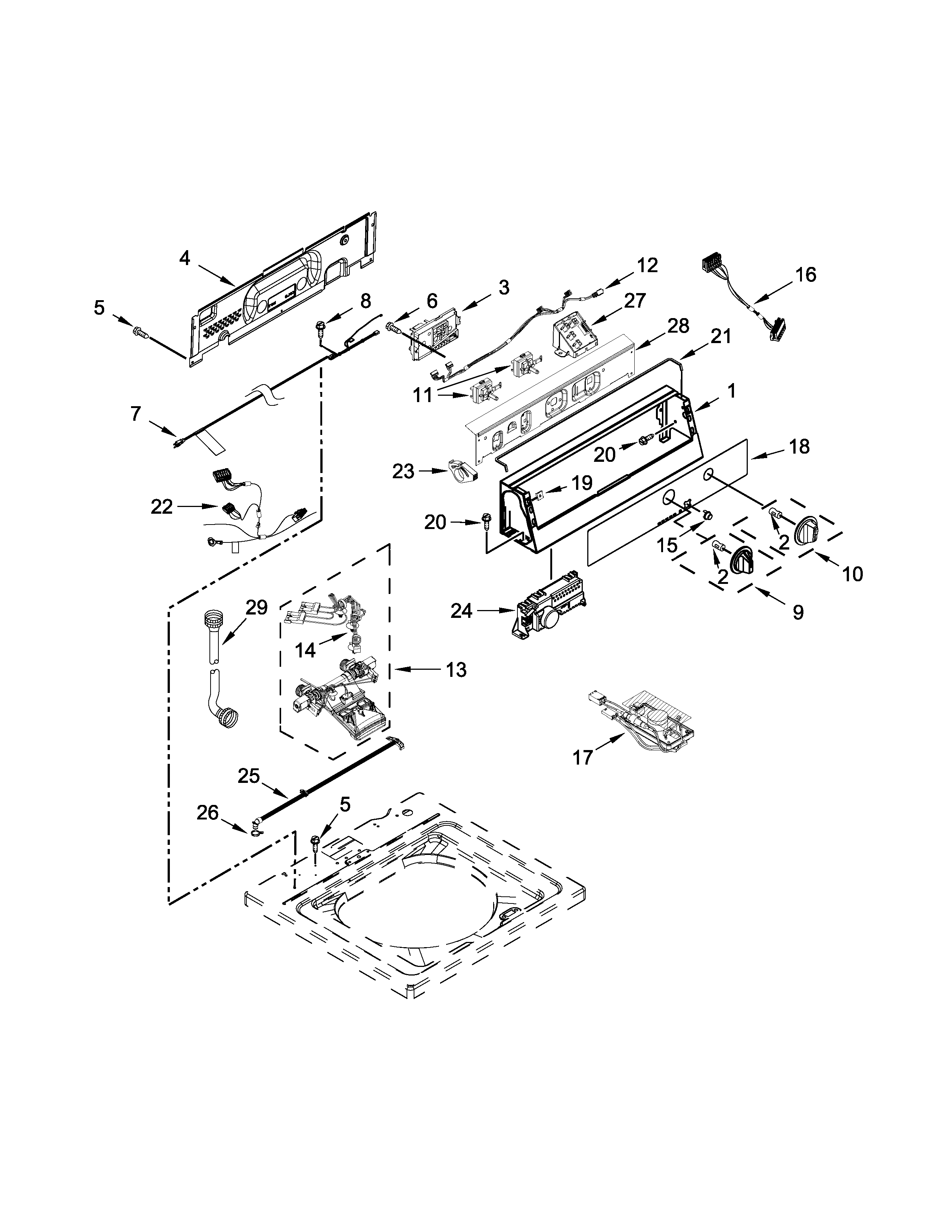 Maytag MVW18MNAGW0 controls and water inlet parts diagram