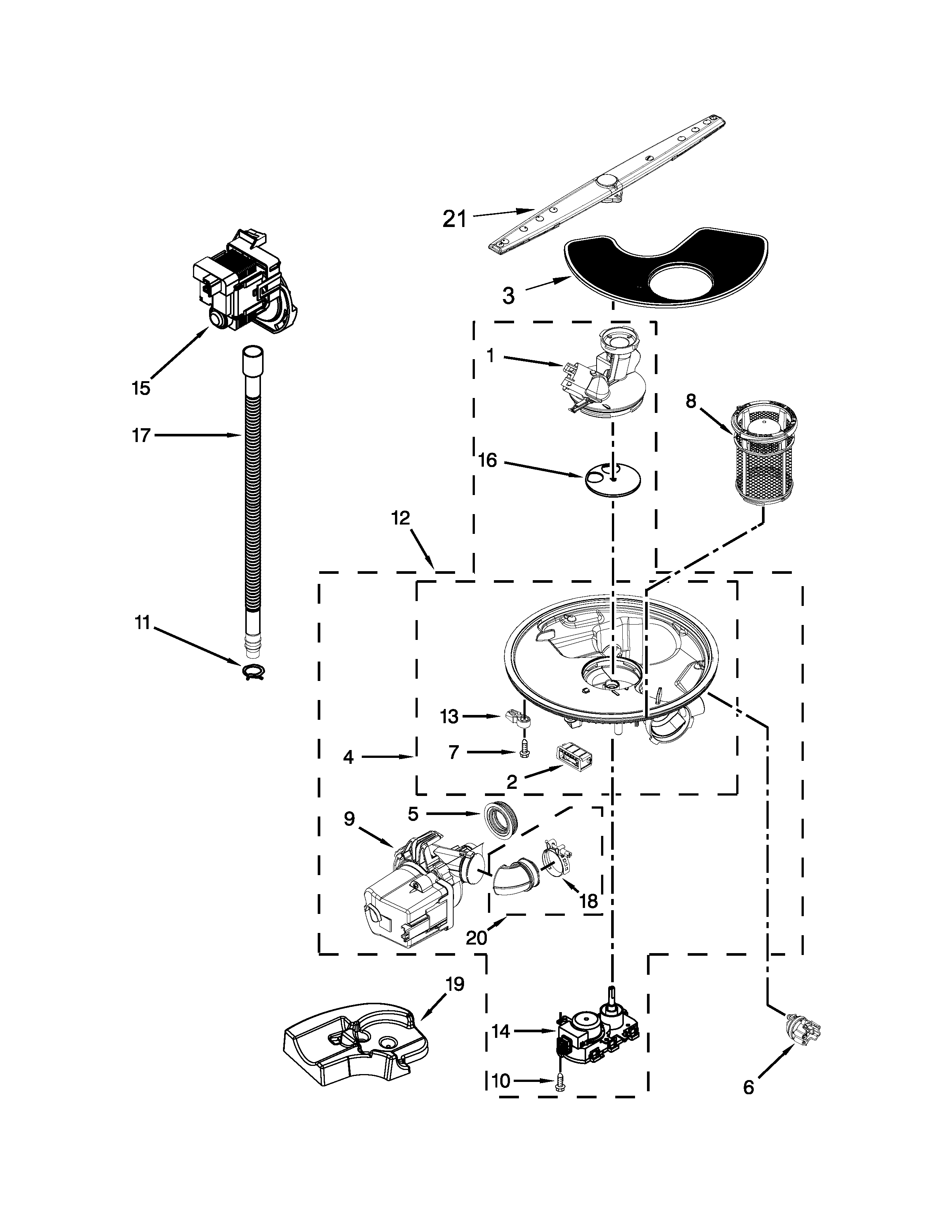 Amana ADB1700ADW2 pump, washarm and motor parts diagram