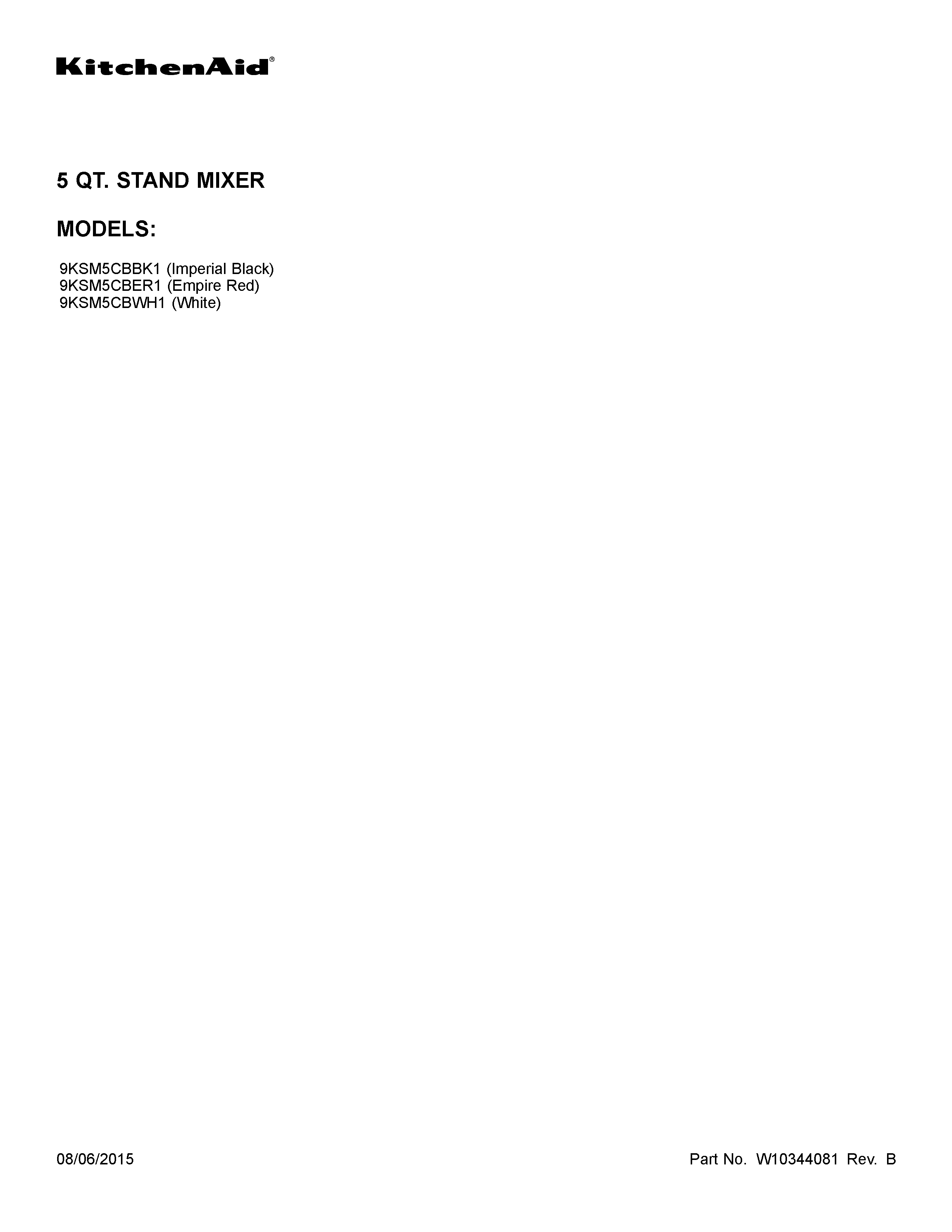 KitchenAid 9KSM5CBWH1 cover sheet diagram