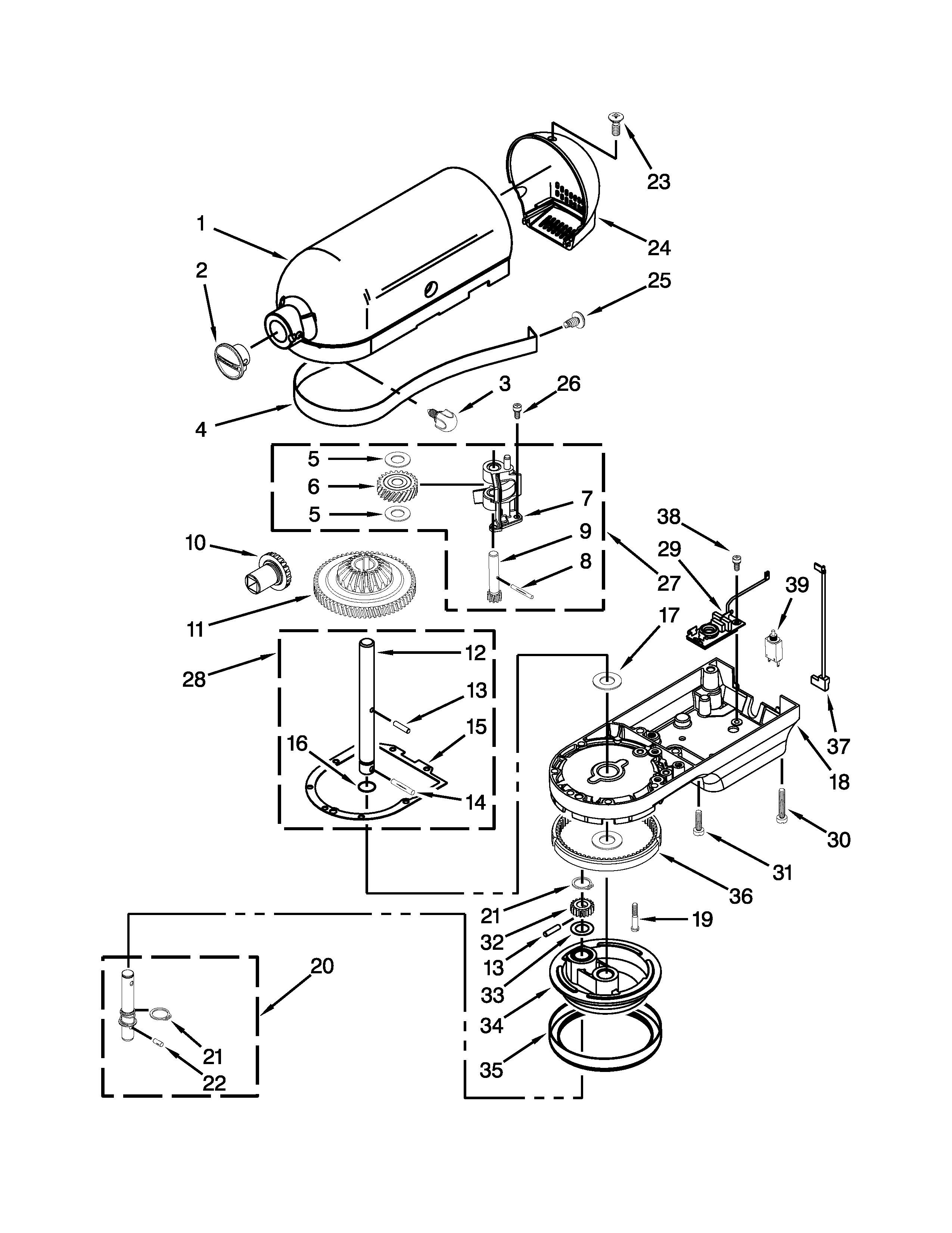 KitchenAid 9KSM5CBWH1 case, gearing and planetary unit parts diagram