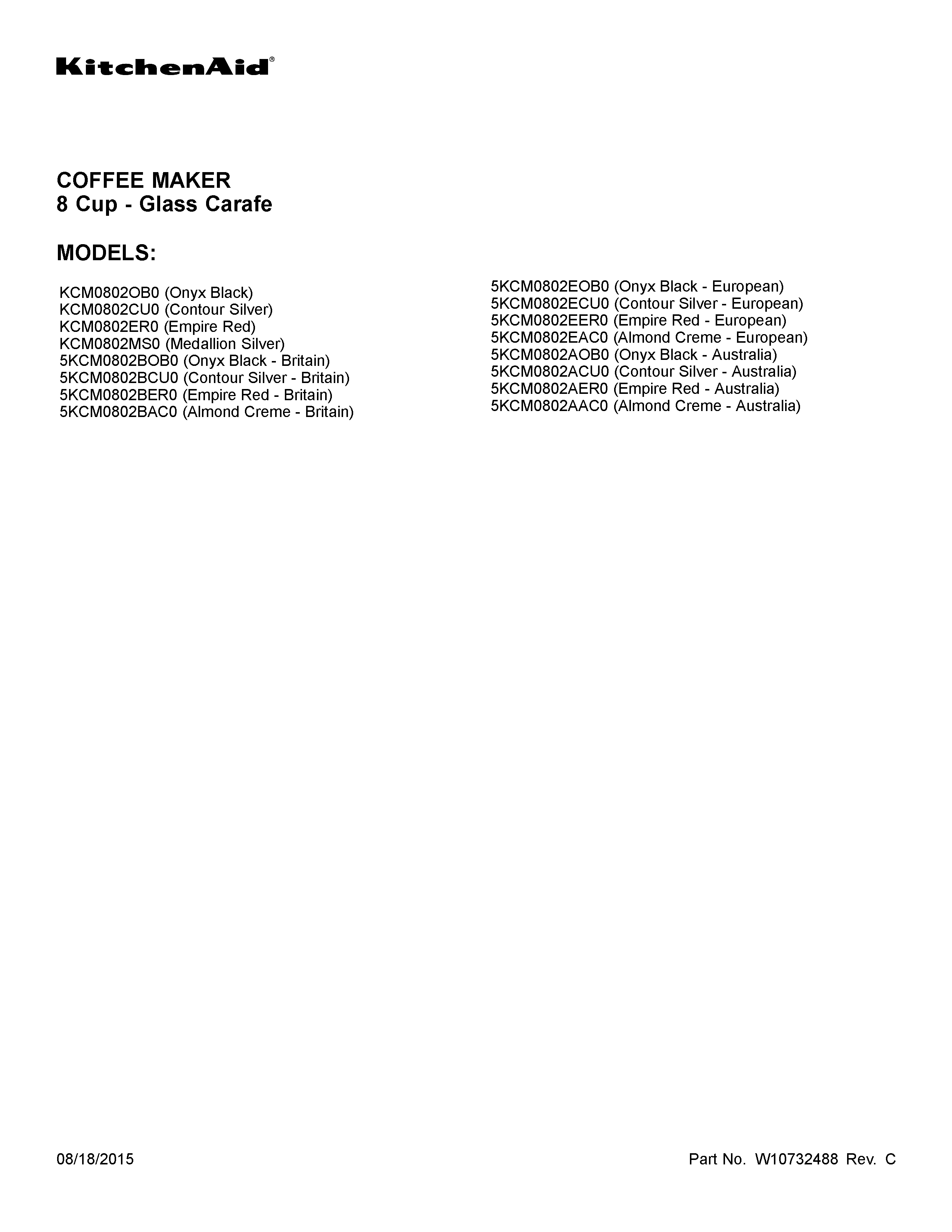 KitchenAid KCM0802ER0 cover sheet diagram