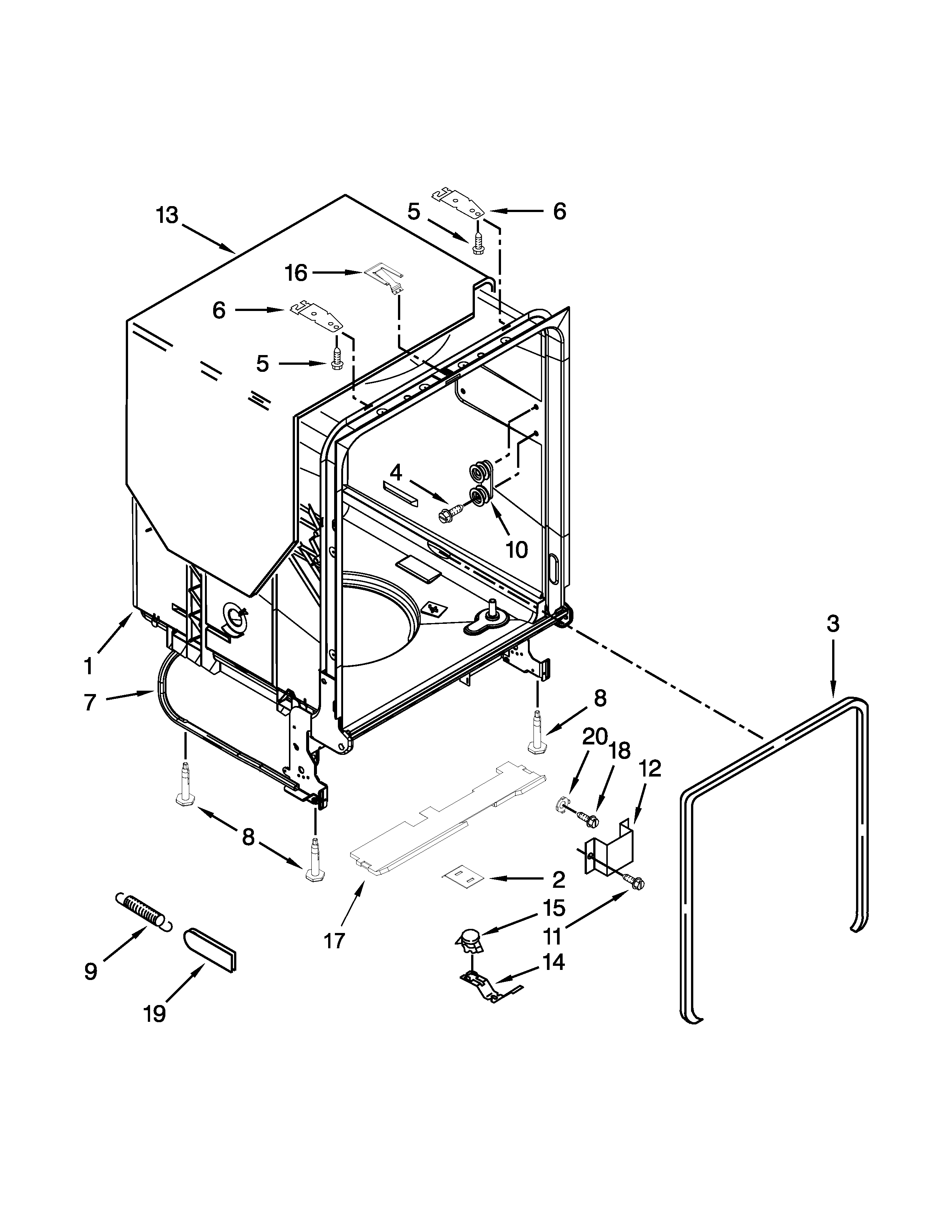 Whirlpool WDF520PADW3 tub and frame parts diagram