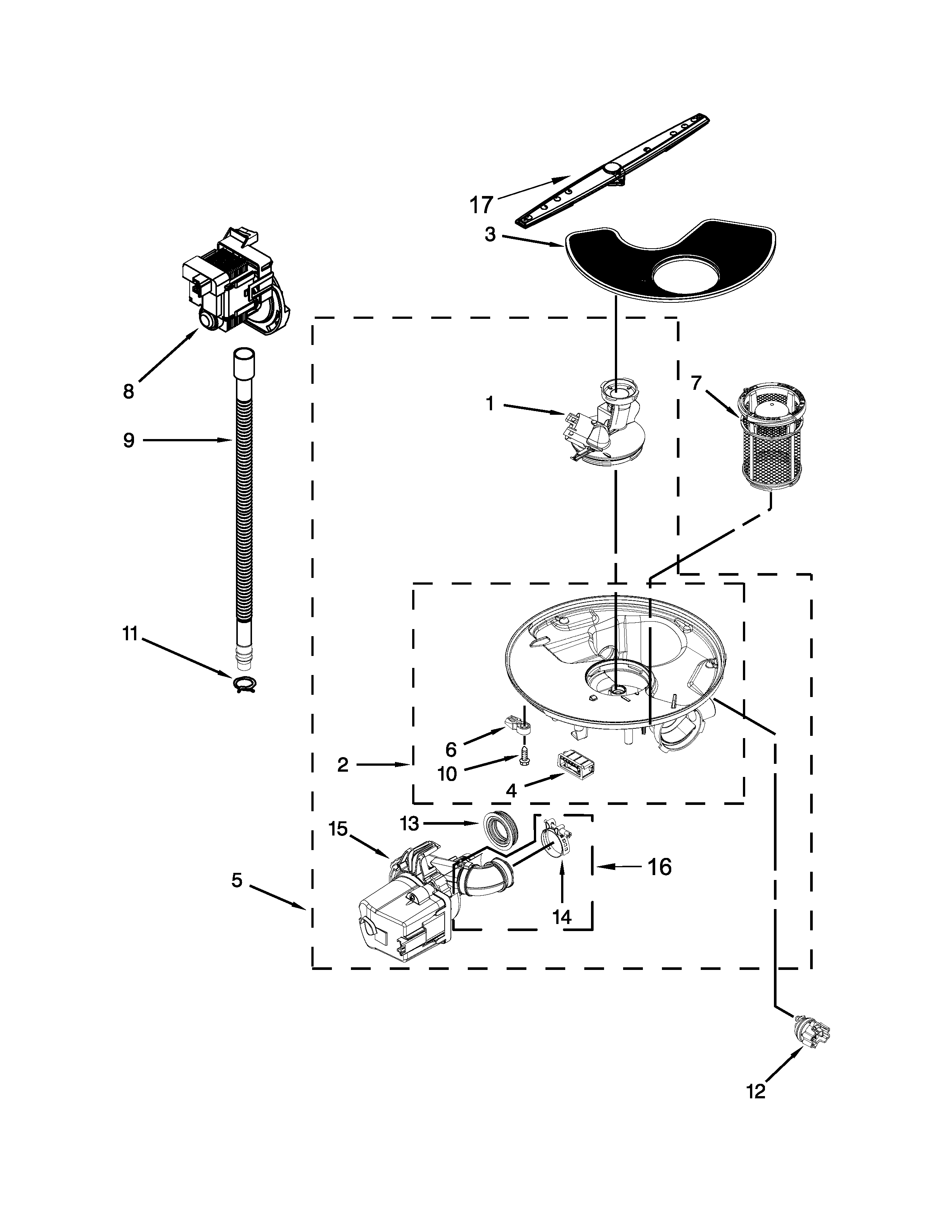 Whirlpool WDF520PADW3 pump, washarm and motor parts diagram