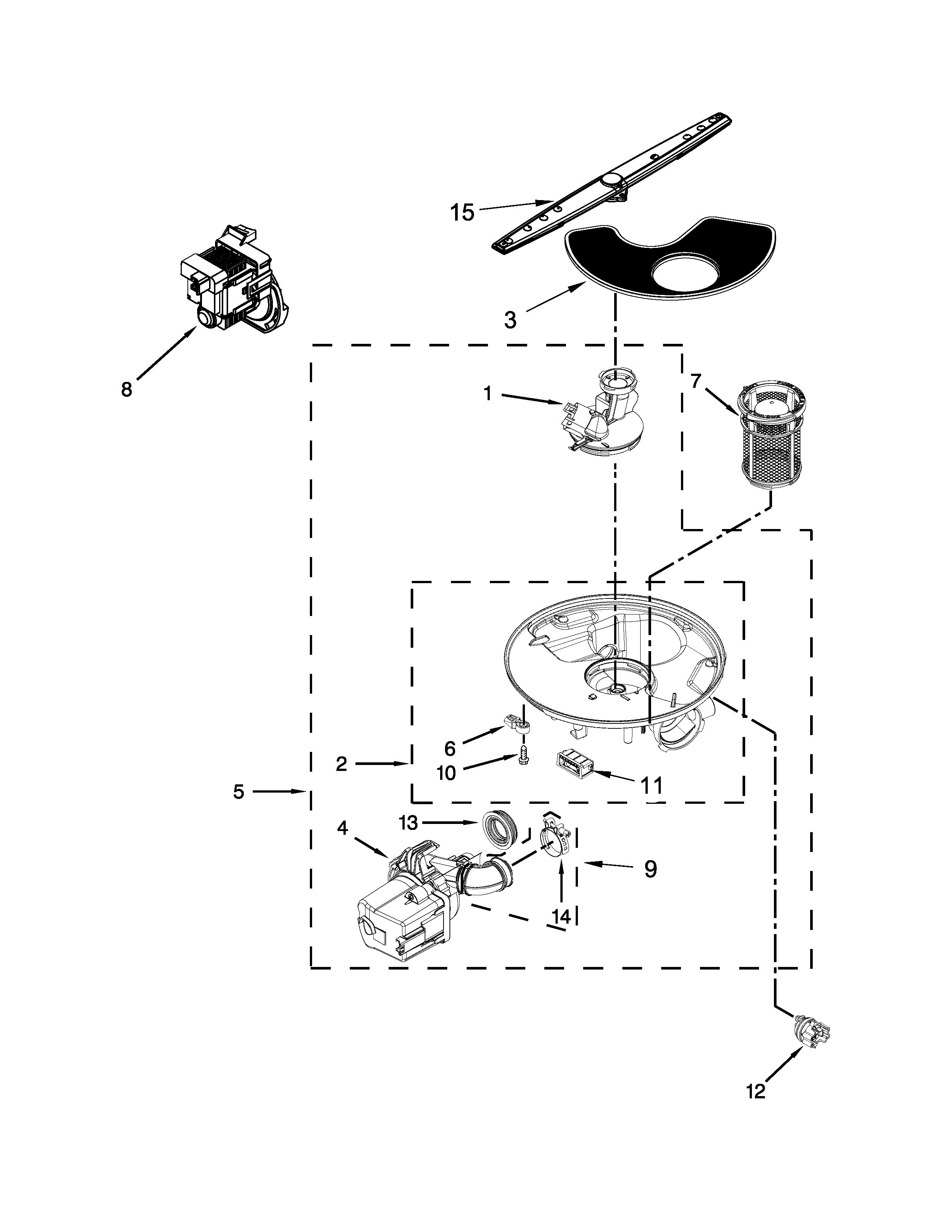 Whirlpool WDP350PAAW5 pump, washarm and motor parts diagram