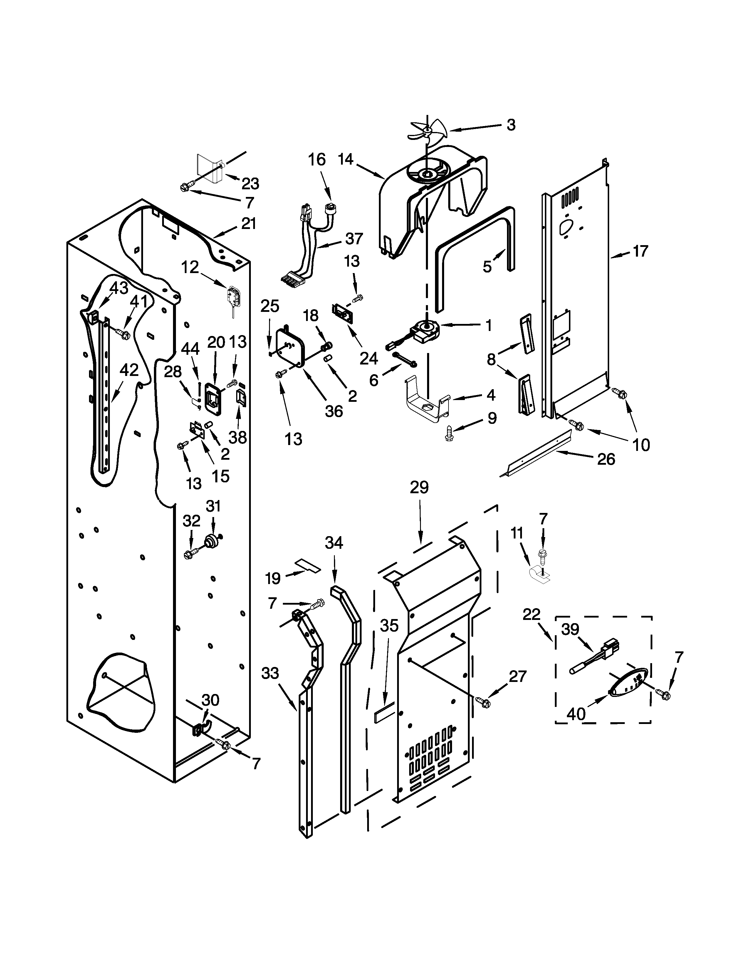 Jenn-Air JS48SSDUDE00 freezer liner and air flow parts diagram