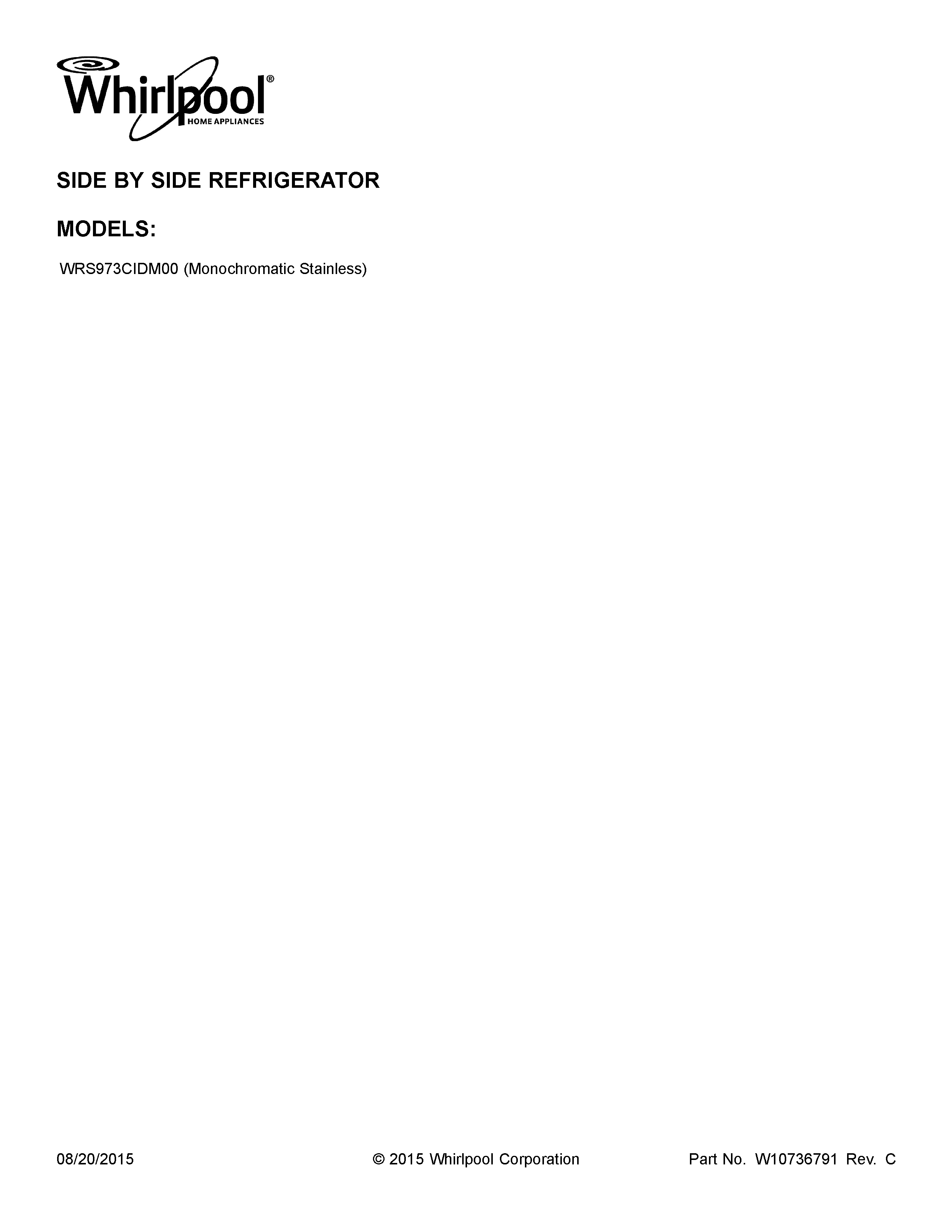 Whirlpool WRS973CIDM00 cover sheet diagram