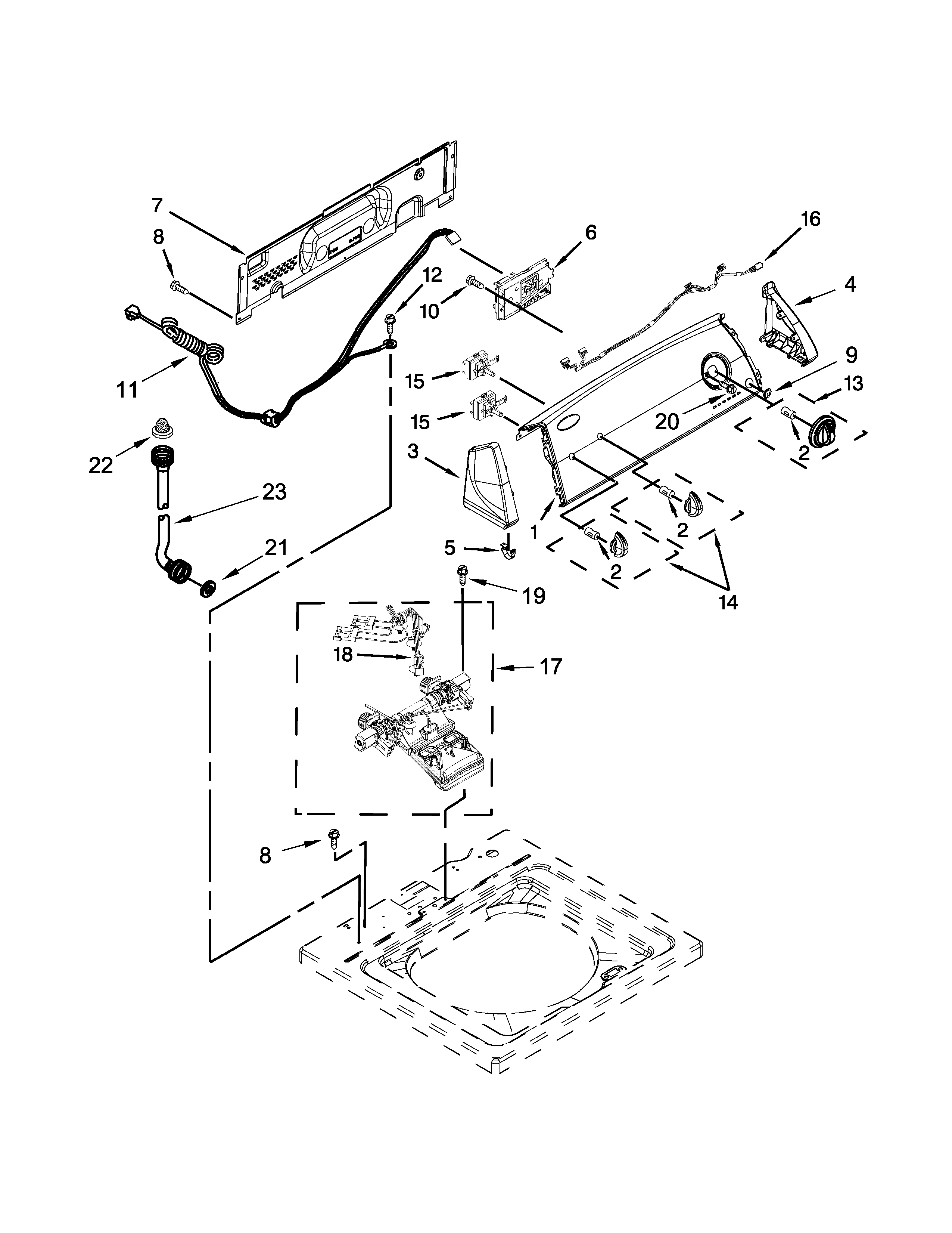 Whirlpool 7MWTW1502BM1 controls and water inlet parts diagram