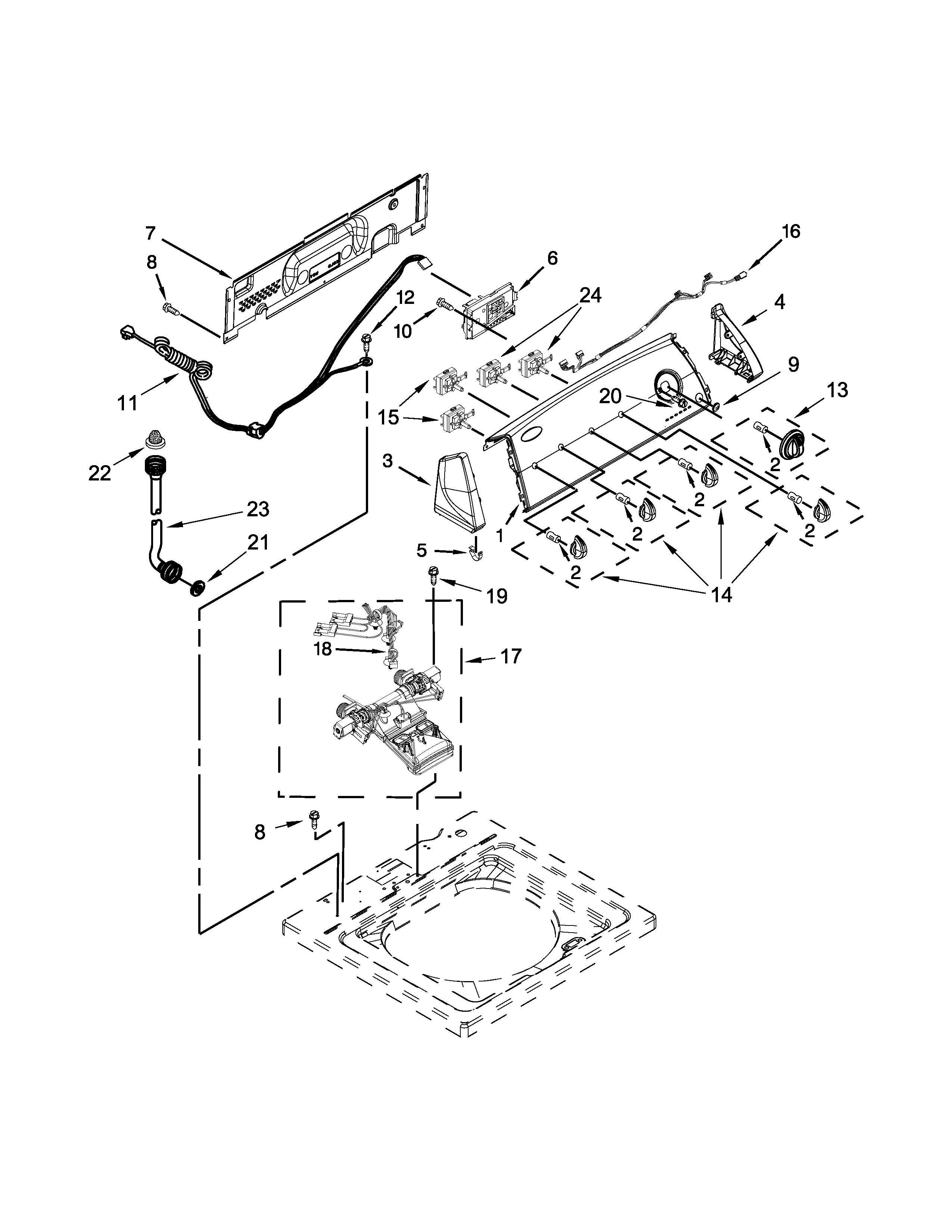 Whirlpool 7MWTW1808AW1 controls and water inlet parts diagram